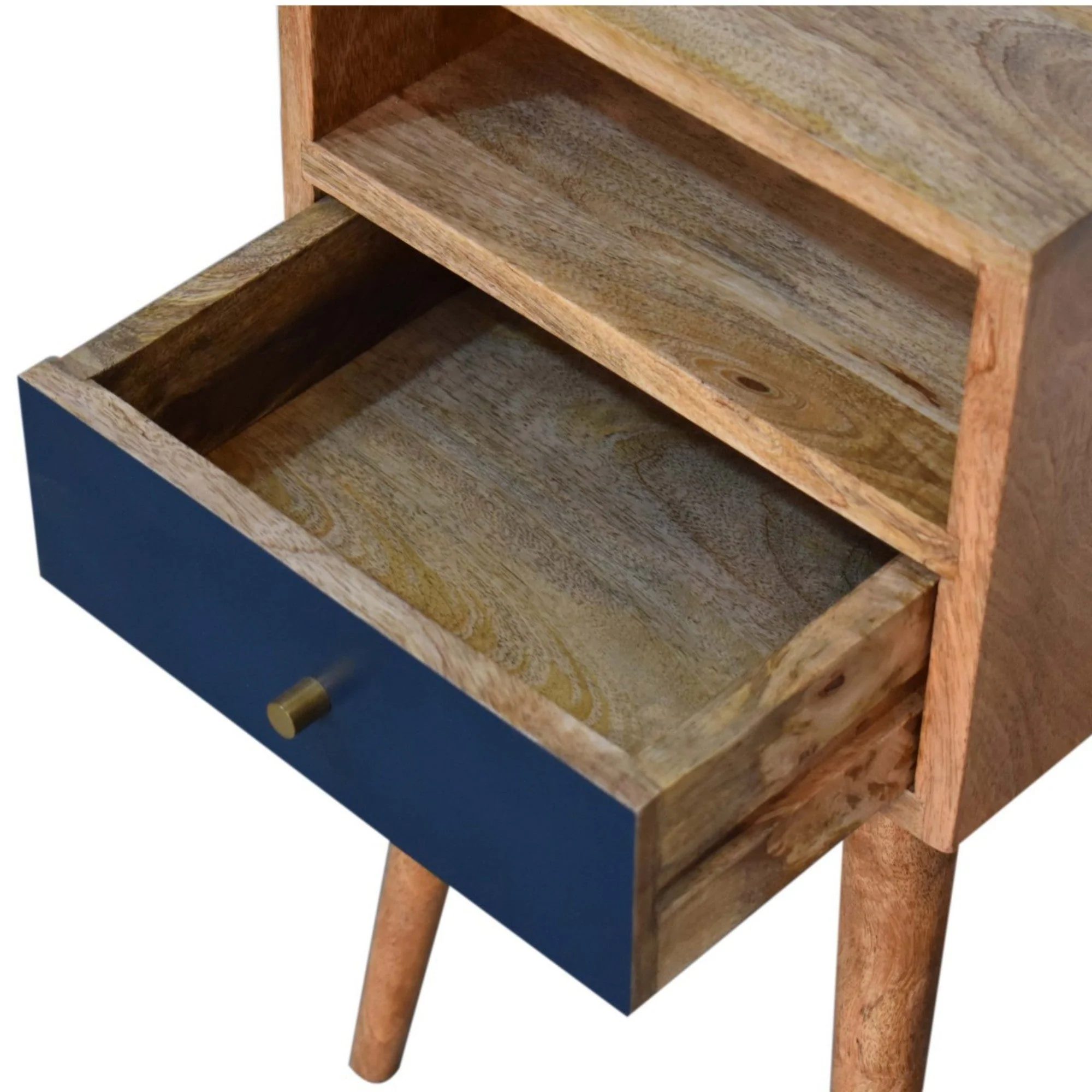 Solid Wood Bedside, Mini 1 Drawer Open Shelf, Navy Blue Hand Painted Light Brown - Image 7