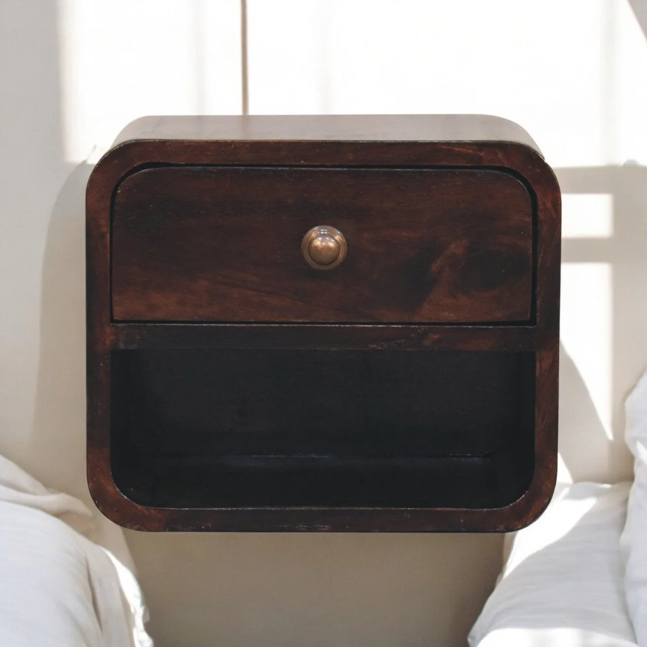 Solid Wood Bedside, Mini Curved Wall Mounted w/ Open Slot & 1 Drawer, Dark Brown