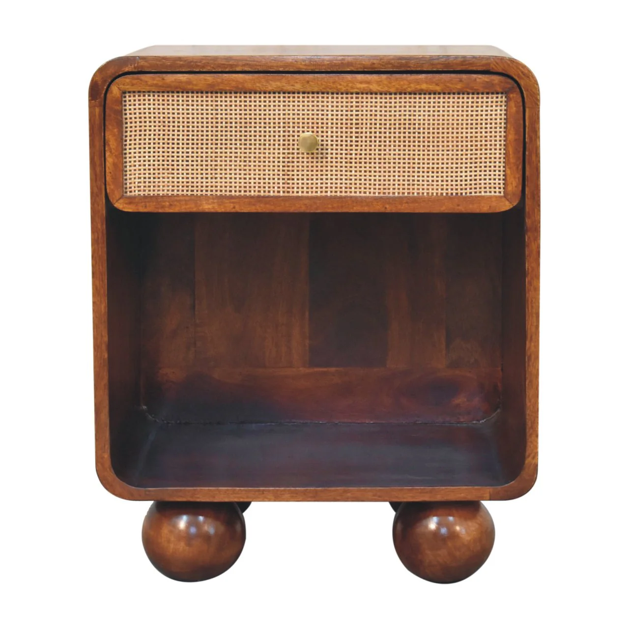 Solid Wood Bedside, Open Woven 1 Drawer, Dark Brown Chestnut - Image 2