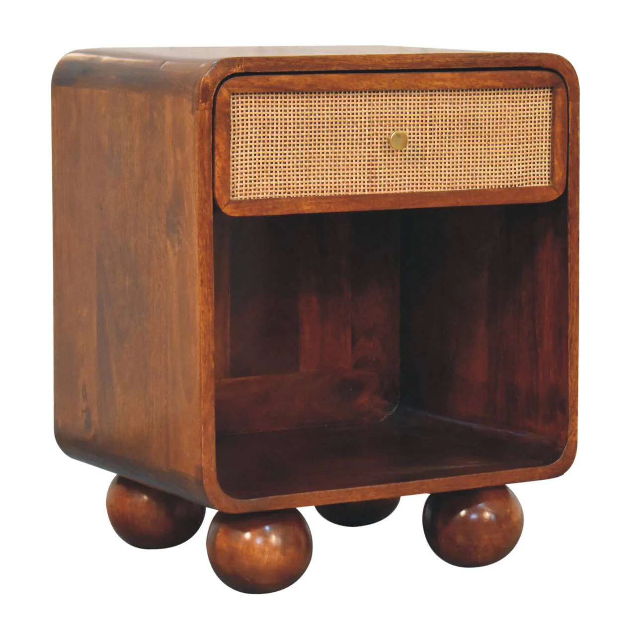 Solid Wood Bedside, Open Woven 1 Drawer, Dark Brown Chestnut - Image 4