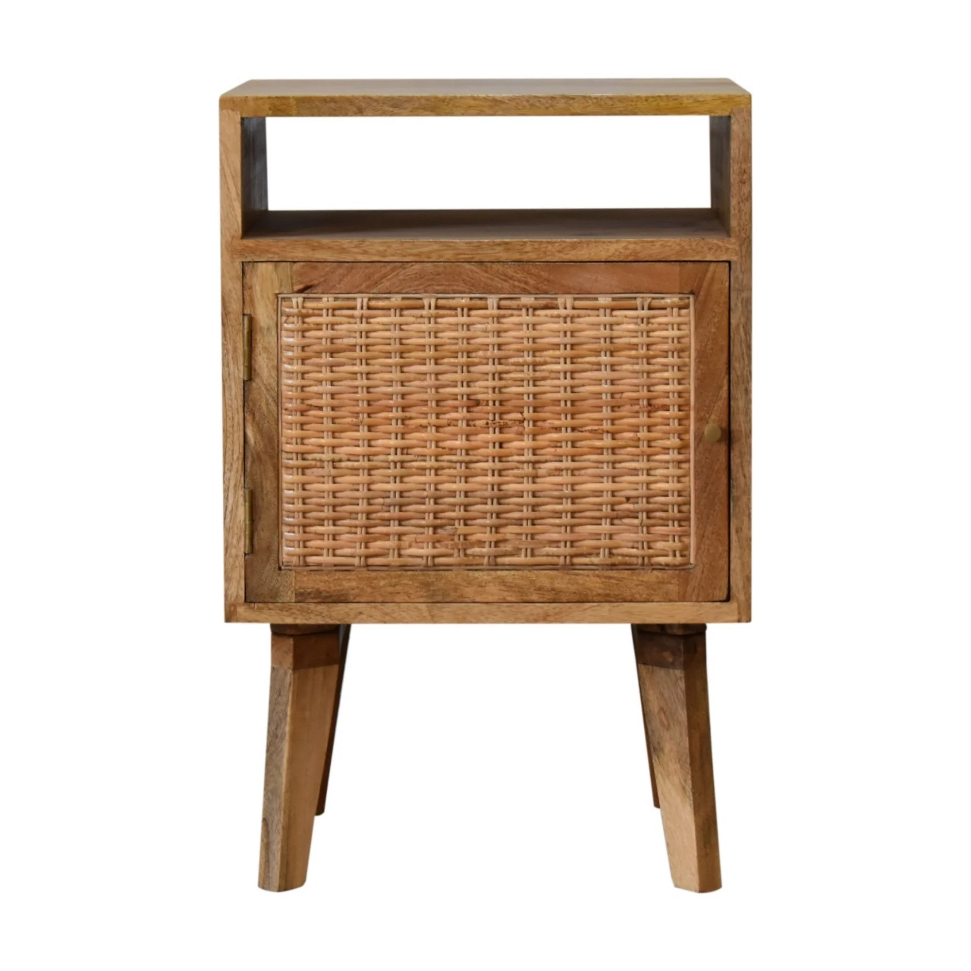 Solid Wood Bedside Table with Knit Door and Open Slot, Beige - Image 6