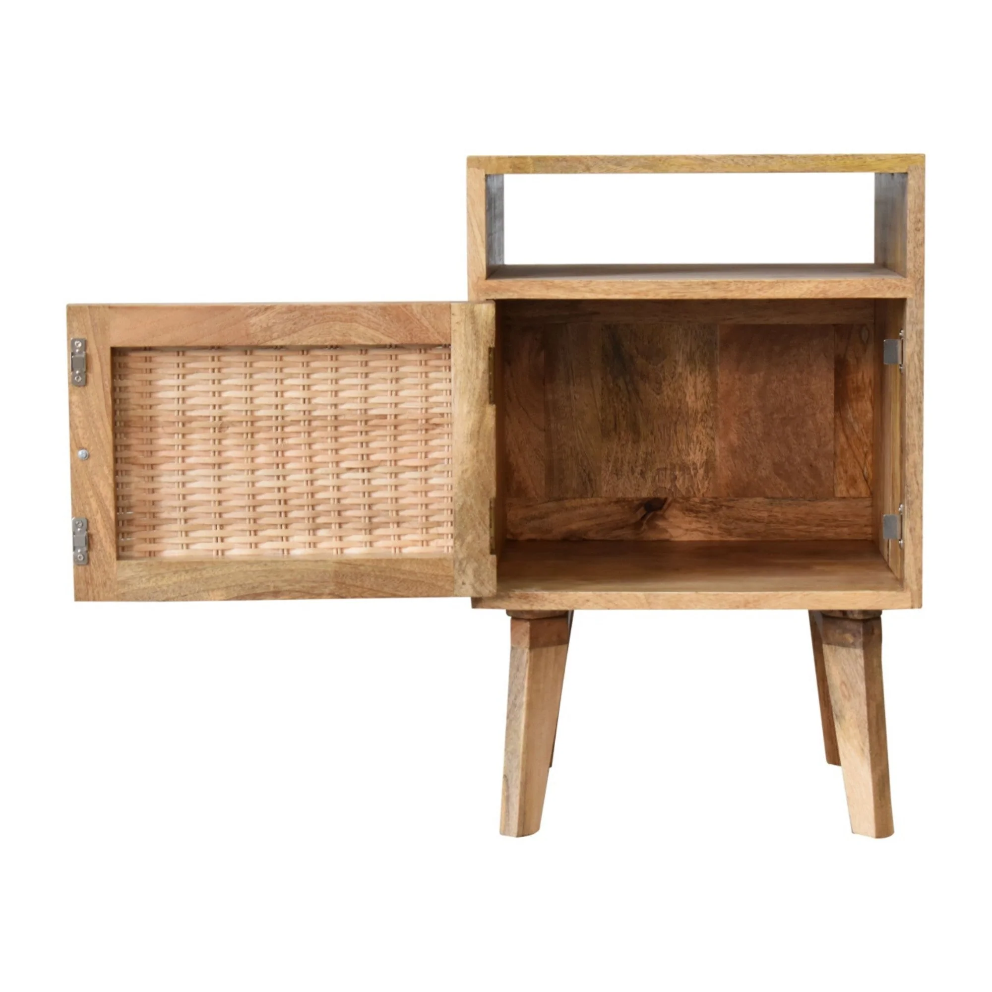 Solid Wood Bedside Table with Knit Door and Open Slot, Beige - Image 7