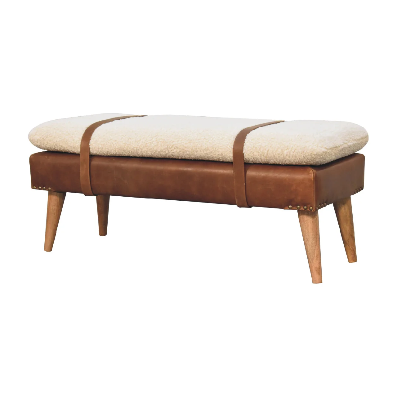 Solid Wood Bench, Upholstered Bouclé Buffalo Hide Leather, Beige - Image 4