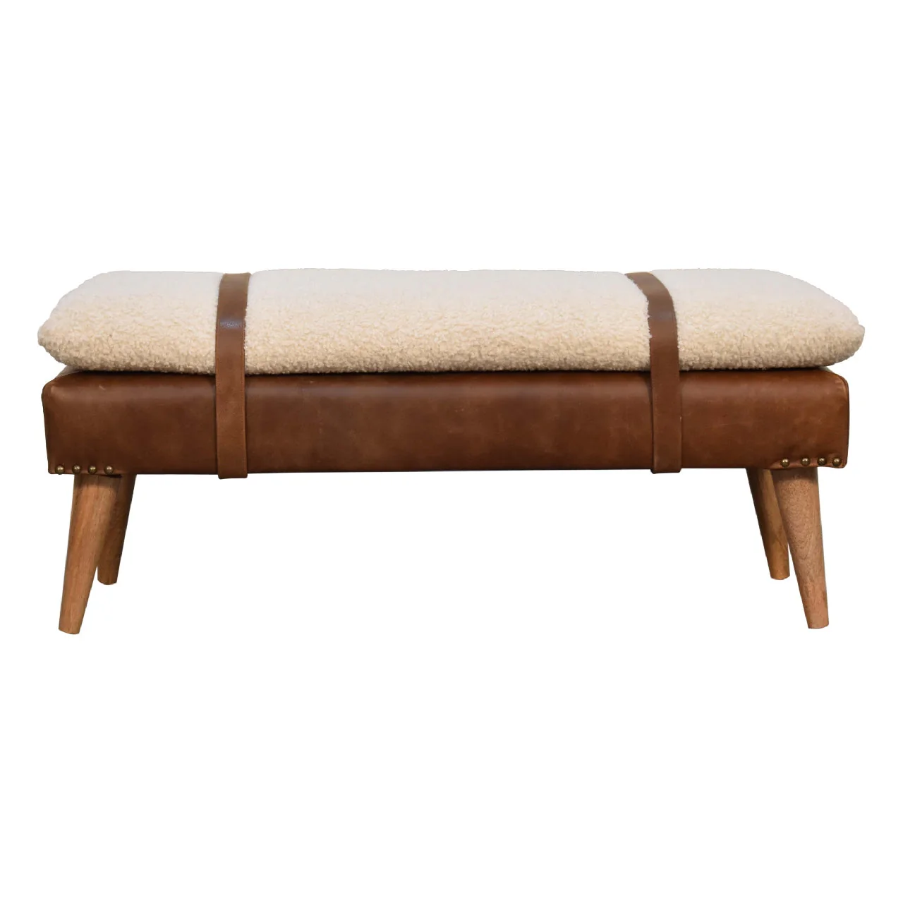 Solid Wood Bench, Upholstered Bouclé Buffalo Hide Leather, Beige - Image 5