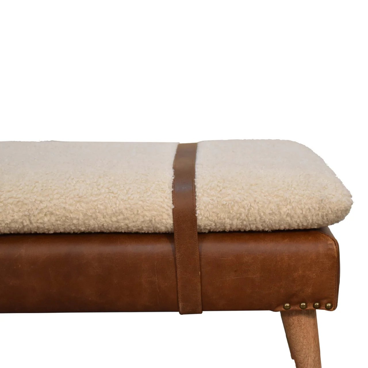 Solid Wood Bench, Upholstered Bouclé Buffalo Hide Leather, Beige - Image 7