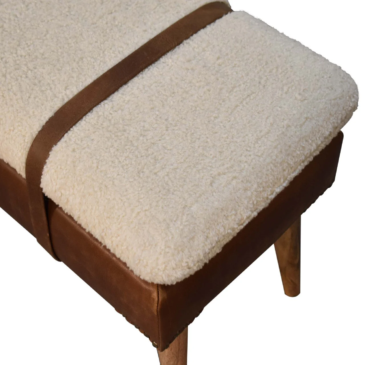 Solid Wood Bench, Upholstered Bouclé Buffalo Hide Leather, Beige - Image 8