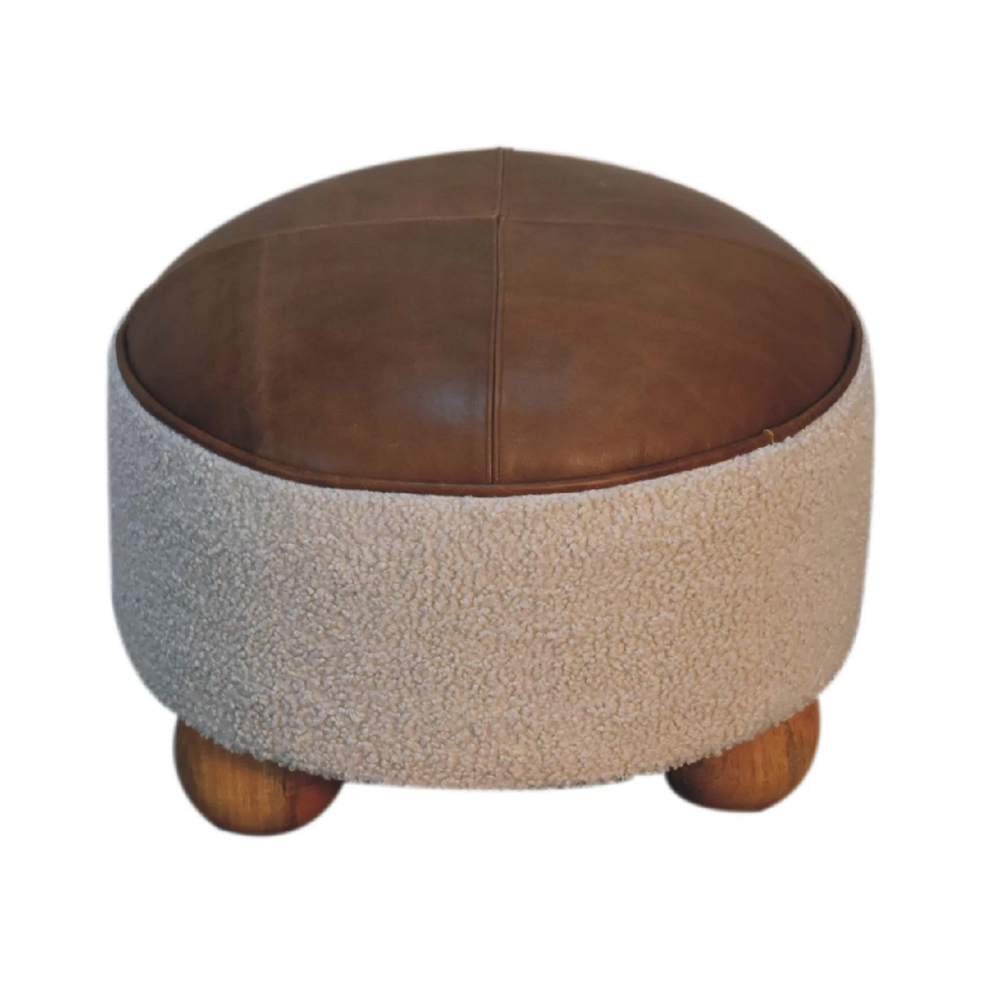 Solid Wood Boucle Buffalo Footstool Ball Feet, Cream and Brown - Image 6