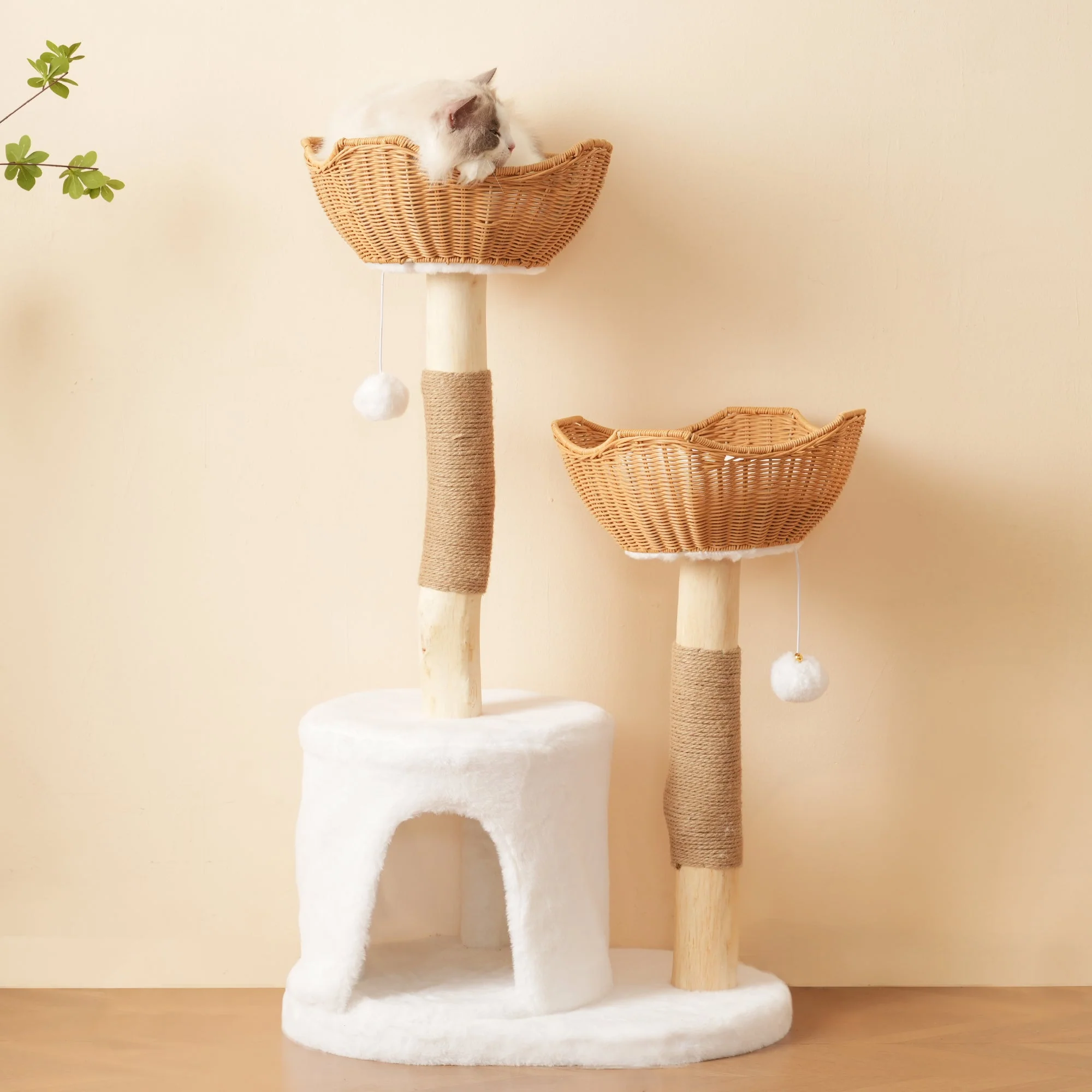 Solid Wood Cat Tree 108cm, Scratching Post 2 Baskets & Cave for Large Cats, Natural Wood & Sisal - Image 2