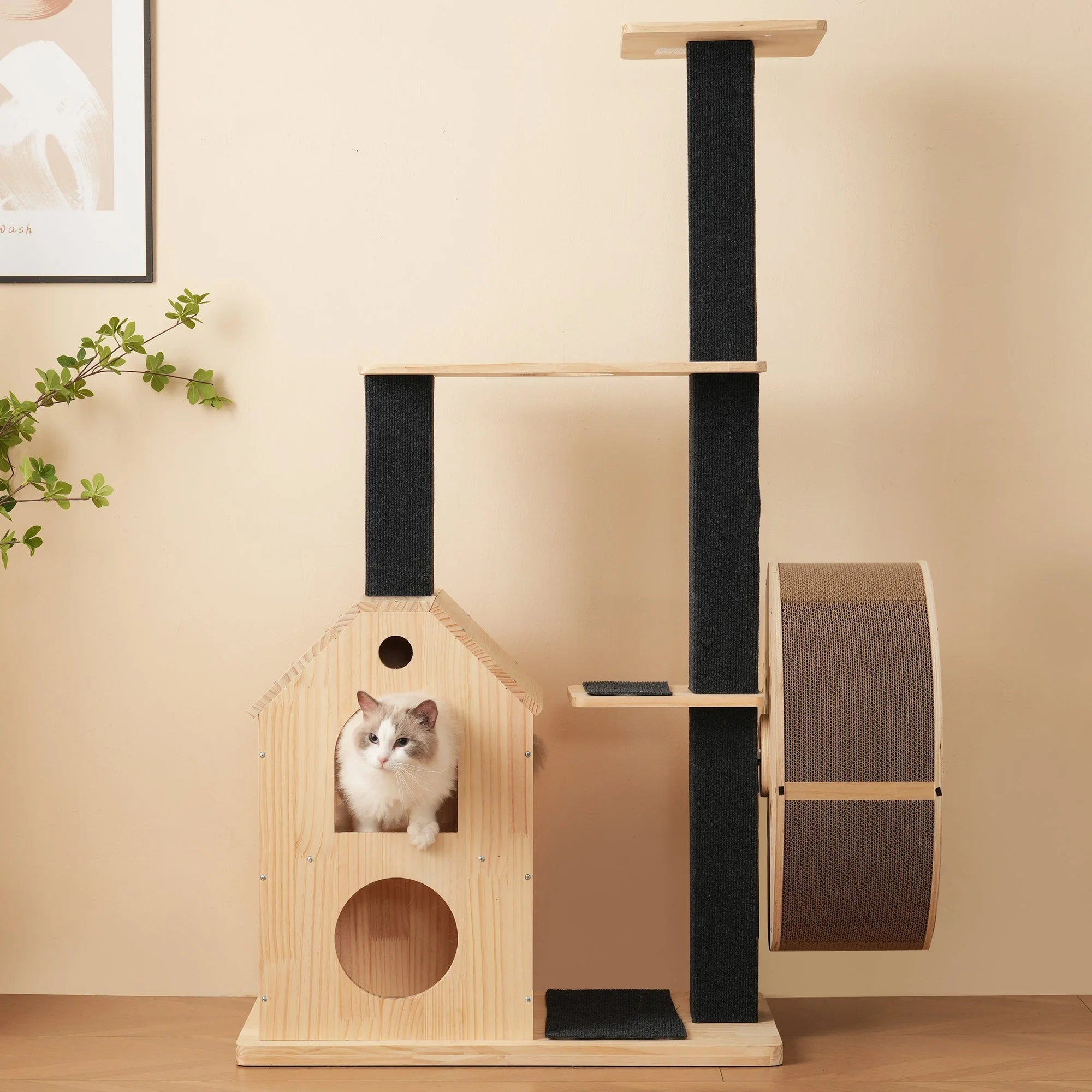 Solid Wood Cat Tree with Exercise Wheel, 4 Platforms, 2 Houses, Sisal Posts, 80×40×152 cm - Image 7