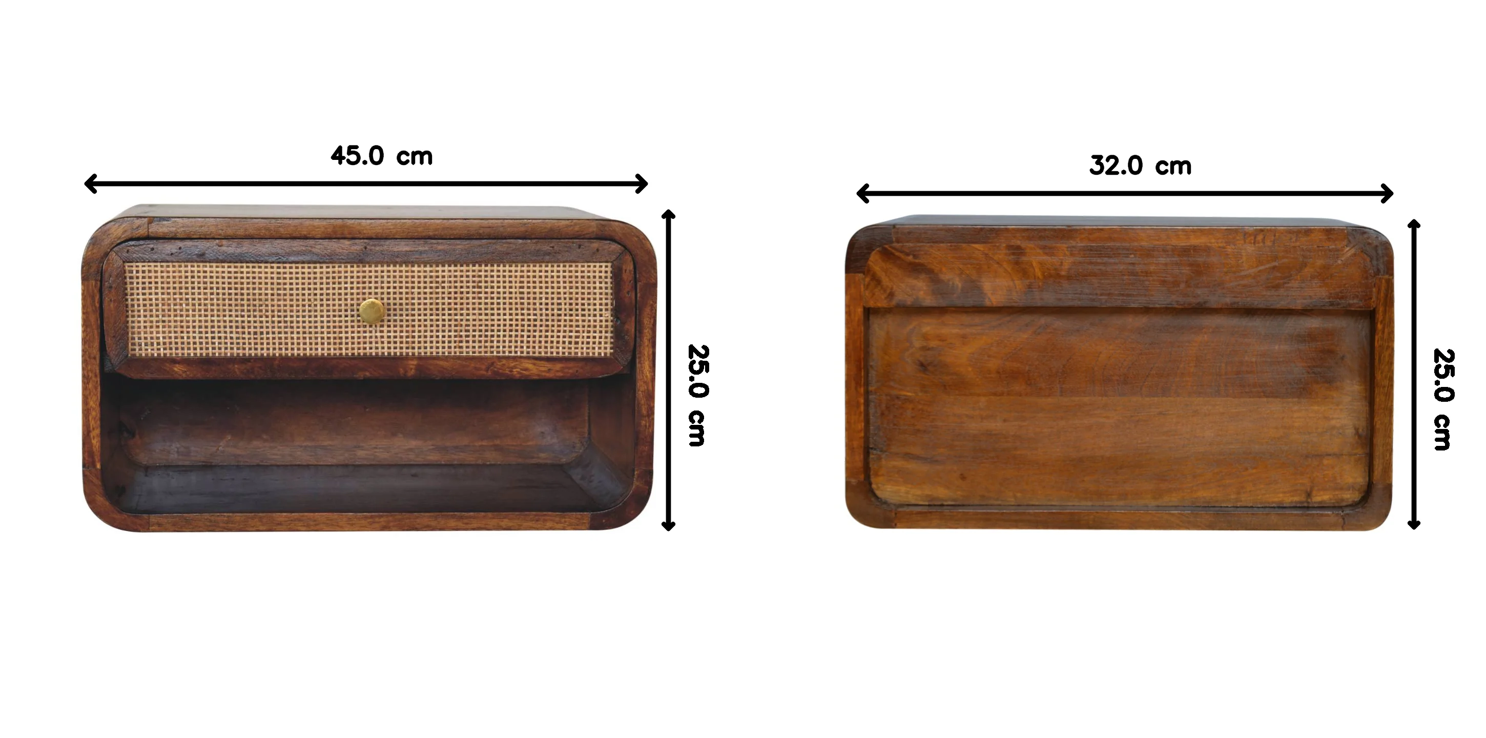 Solid Wood Chestnut Bedside, Wall Mounted Woven 1 Drawer 1 Shelf, Dark Brown - Image 3