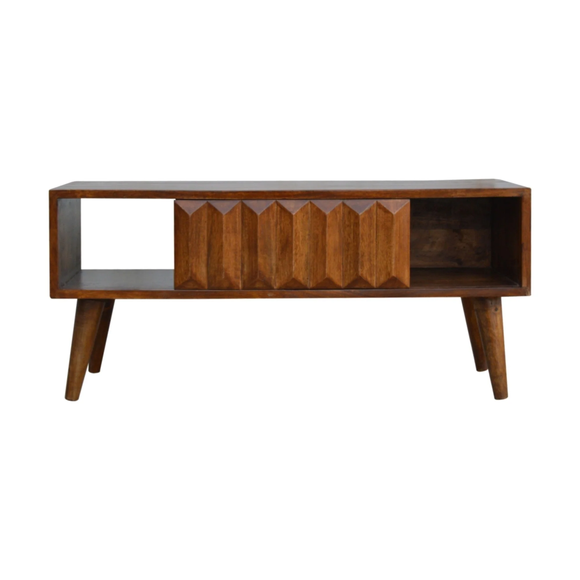 Solid Wood Chestnut Prism Sliding Media Unit, Open Slot, Dark Brown - Image 9