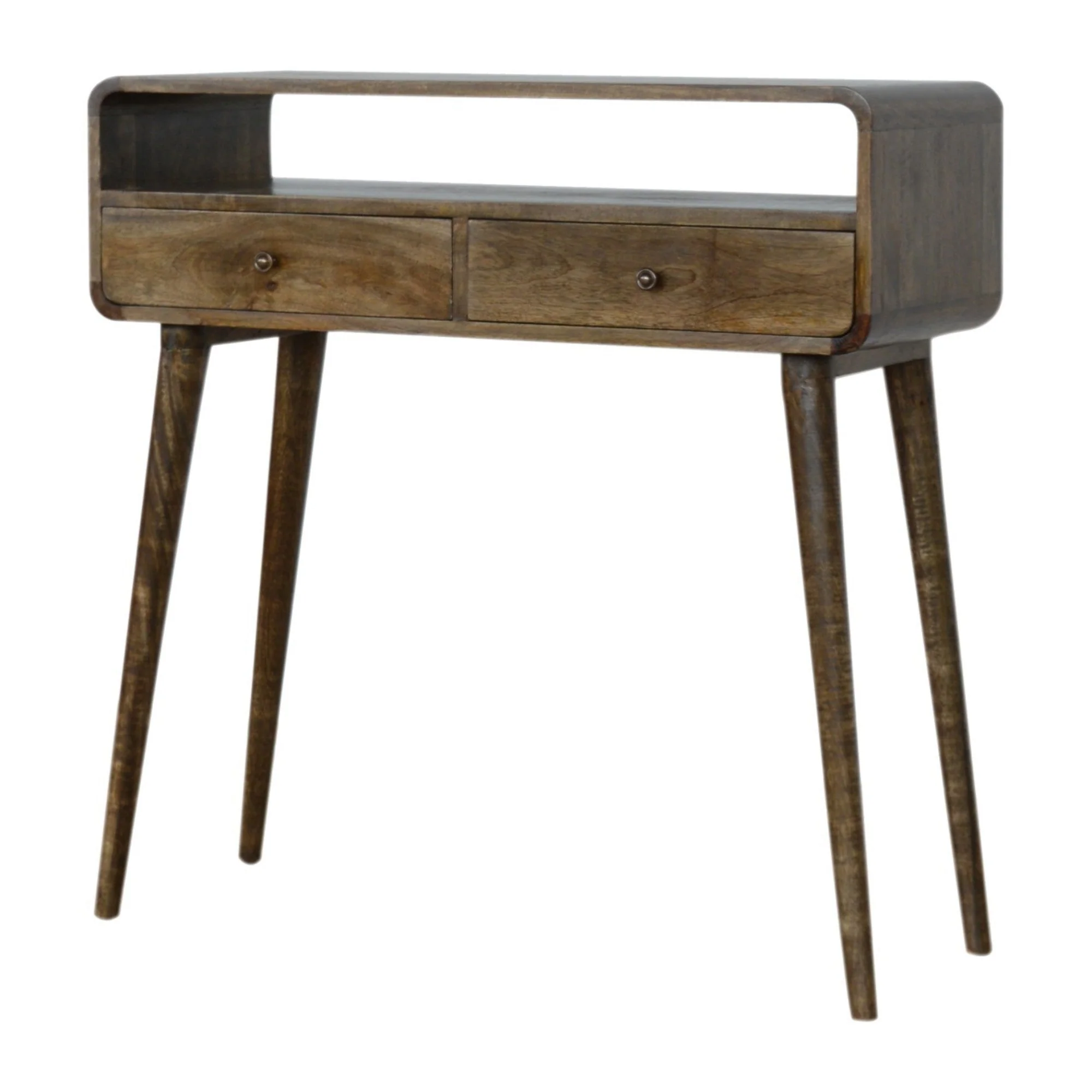 Solid Wood Console Table Curved 2 Drawers Open Slot, Brown - Image 10