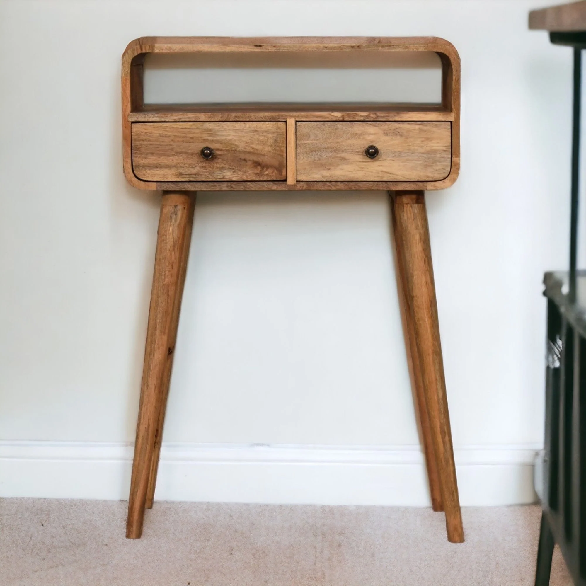 Solid Wood Console Table, Mini Curved 2 Drawers Open Slot, Brown