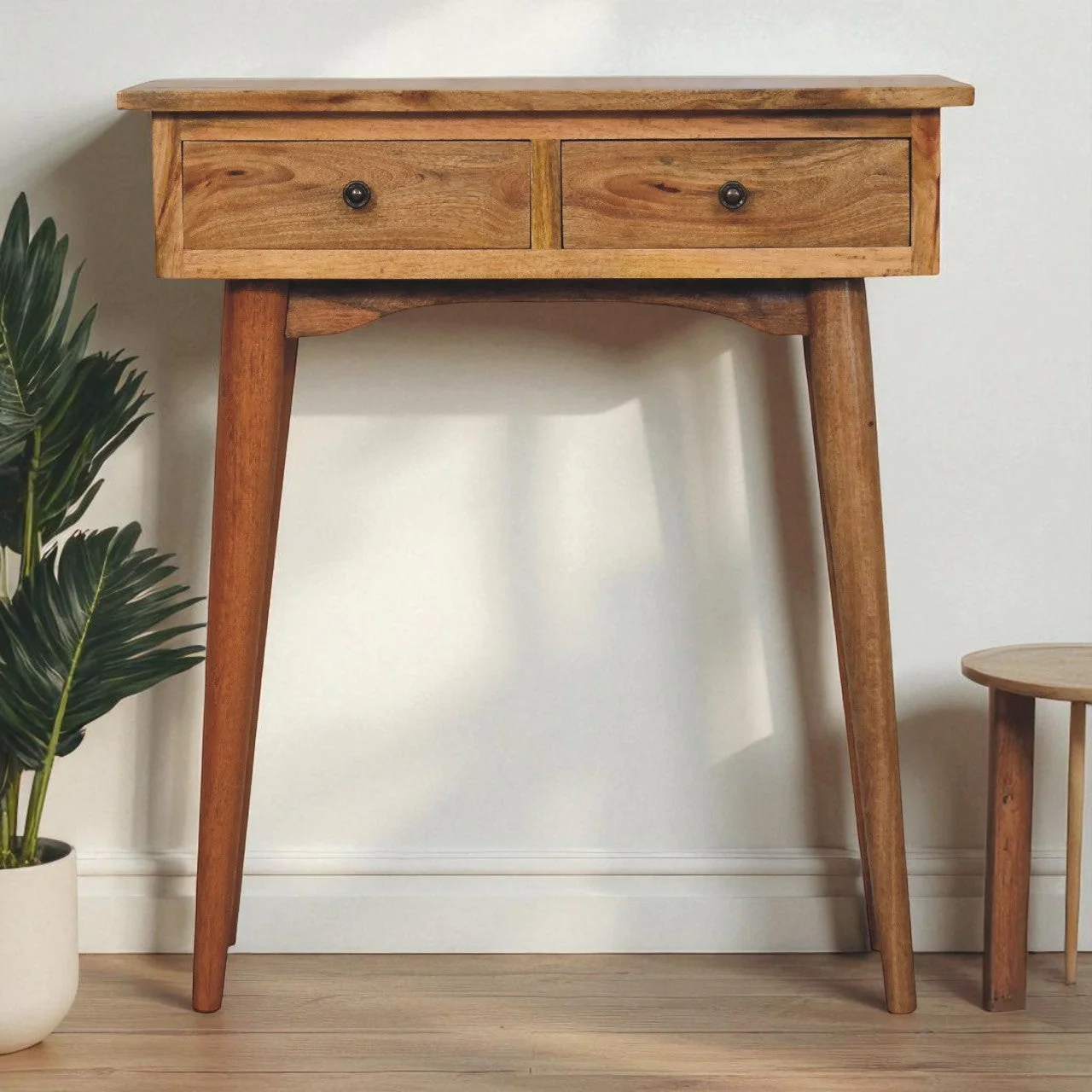 Solid Wood Console Table, Mini Hallway 2 Drawers, Brown