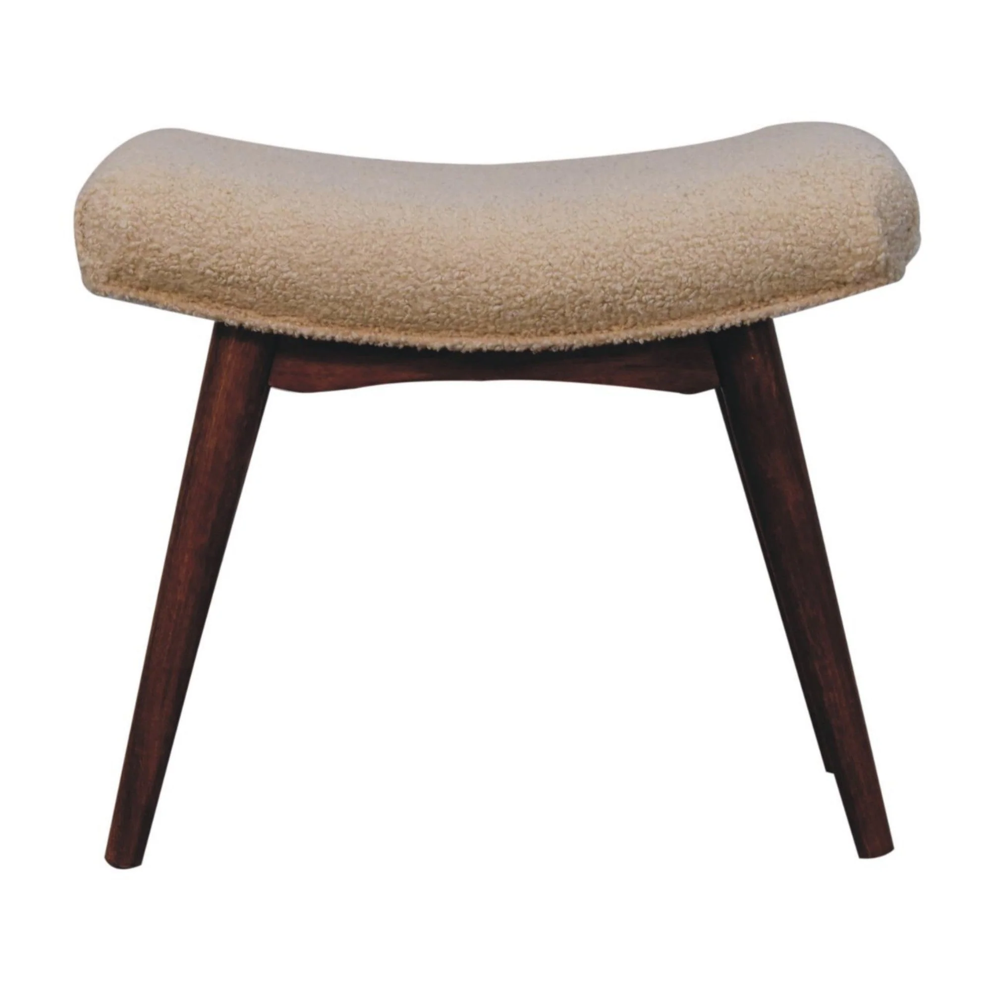 Solid Wood Curved Bench, Upholstered Honey Caramel Boucle Cream - Image 2