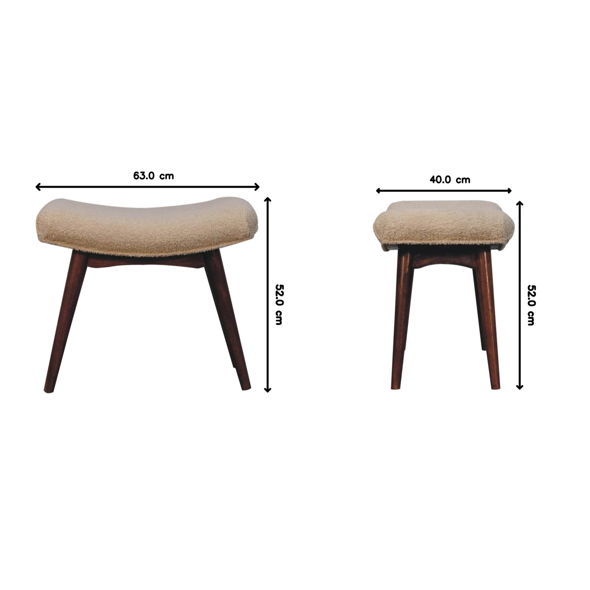 Solid Wood Curved Bench, Upholstered Honey Caramel Boucle Cream - Image 3