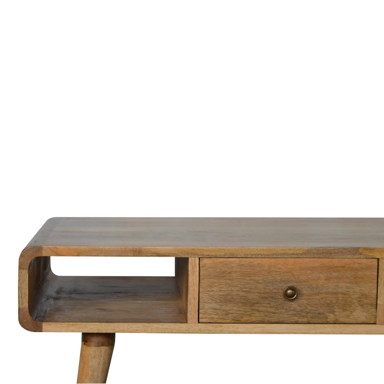 Solid Wood Curved Coffee Table, 2 Drawers and 2 Open Slots, Brown - Image 5