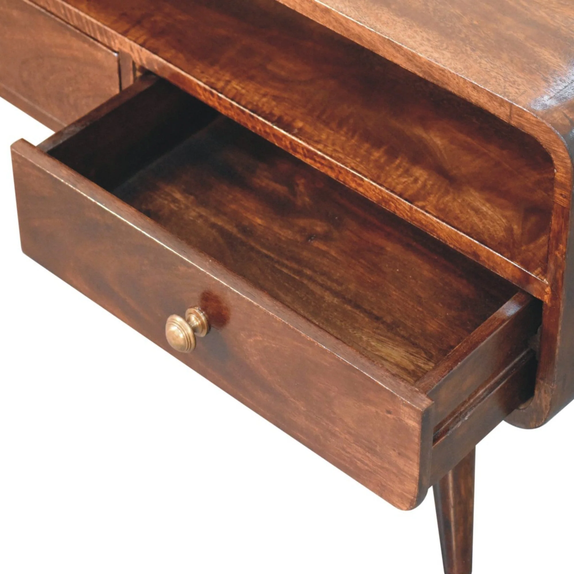 Solid Wood Curved Media Unit with 2 Drawers and 1 Open Slot, Dark Brown - Image 5