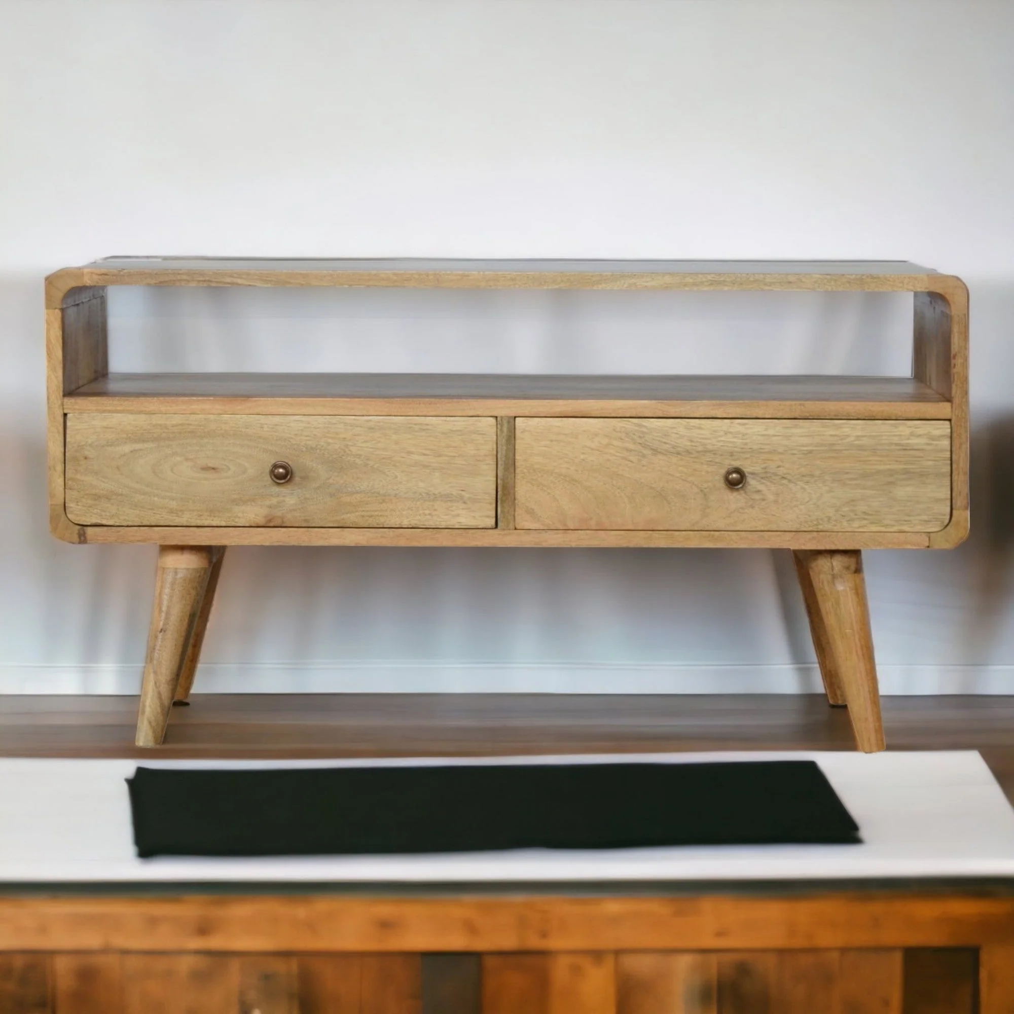 Solid Wood Curved Media Unit with 2 Drawers and Open Slot, Brown Oak-ish