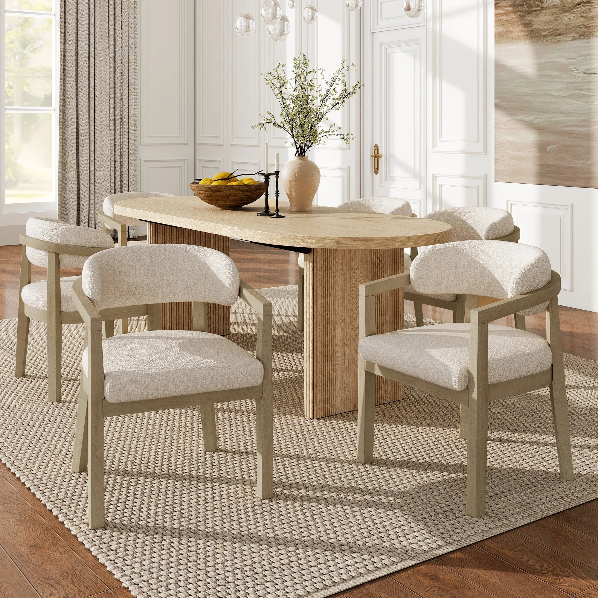 Solid Wood Dining Chairs Set of 2 Modern Style Bouclé Natural Color - Image 3