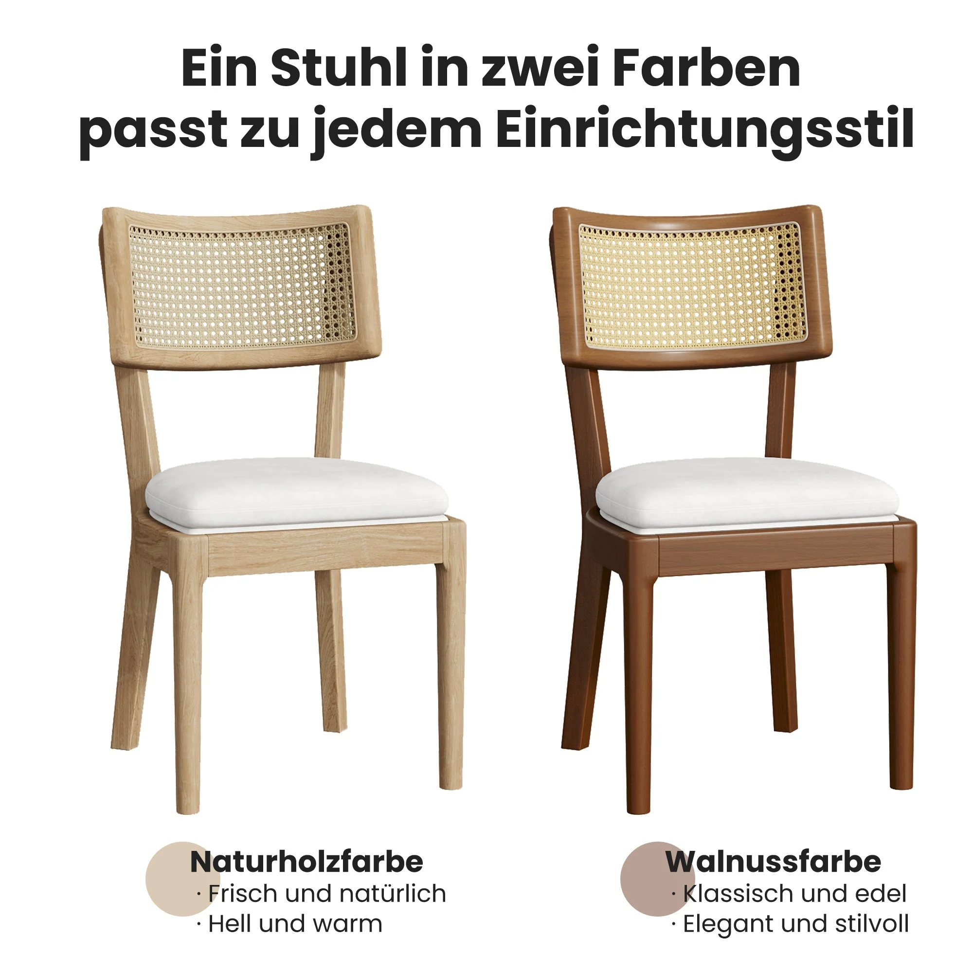 Solid Wood Dining Chairs Set of 2 Rattan Backrests Modern Style Linen Walnut - Image 3