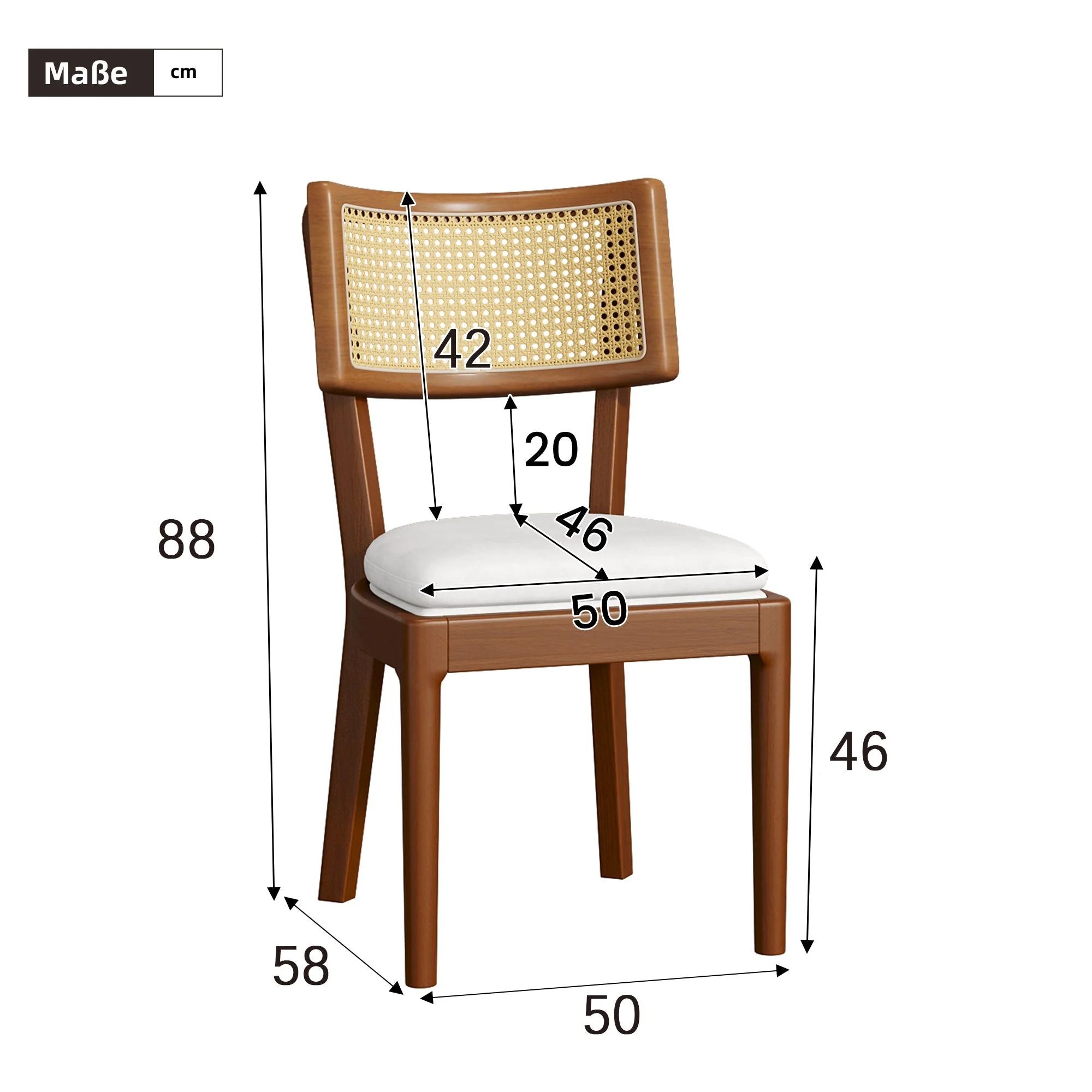 Solid Wood Dining Chairs Set of 2 Rattan Backrests Modern Style Linen Walnut - Image 4