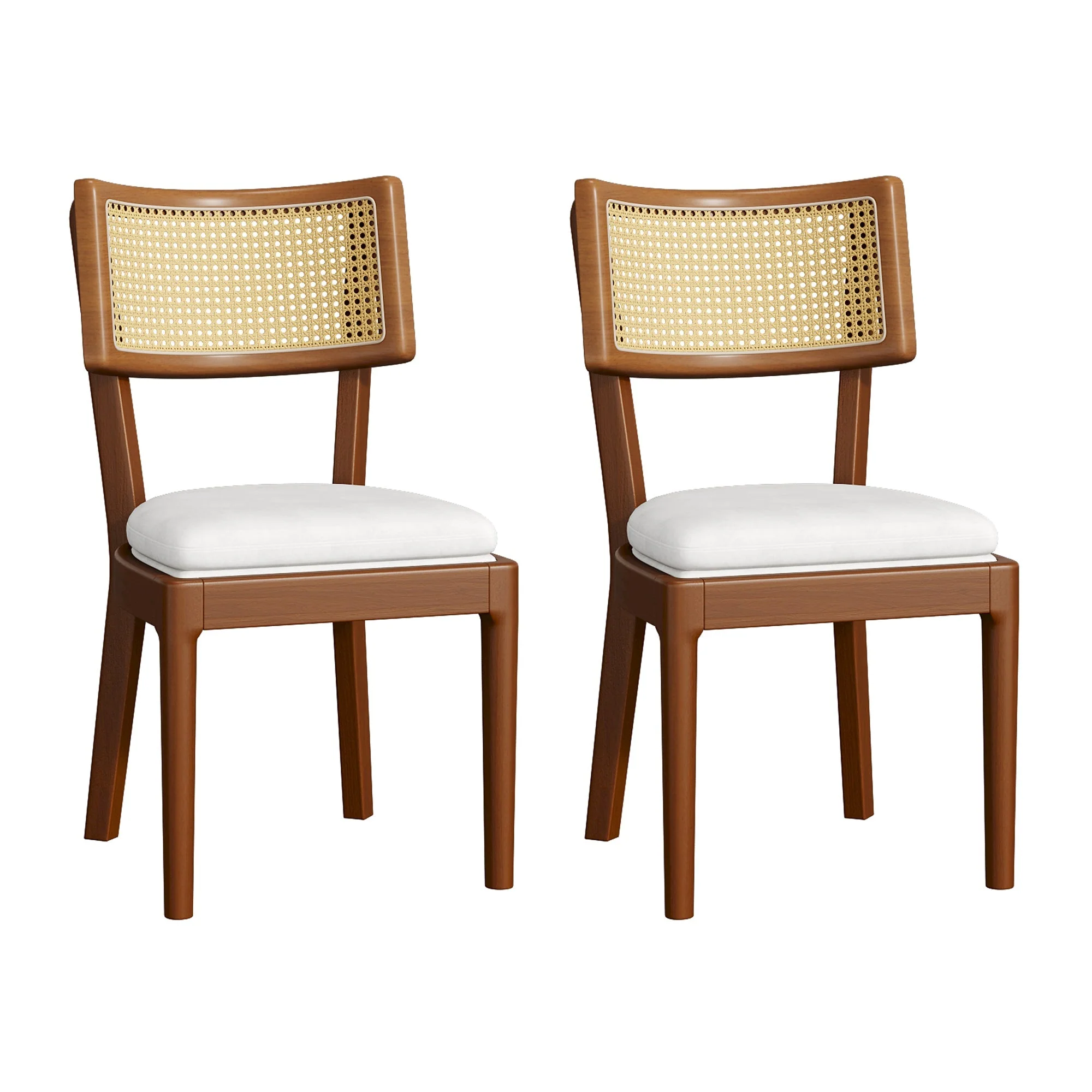 Solid Wood Dining Chairs Set of 2 Rattan Backrests Modern Style Linen Walnut - Image 5