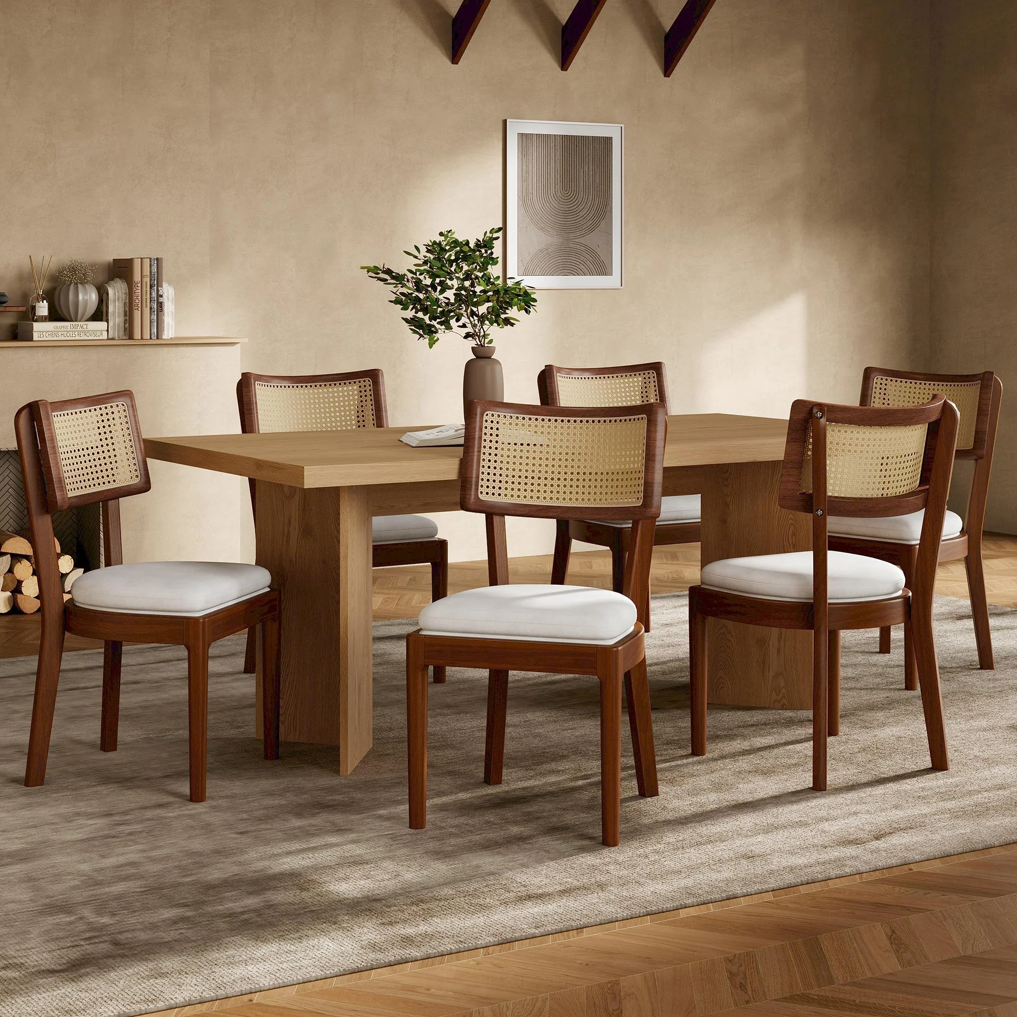 Solid Wood Dining Chairs Set of 2 Rattan Backrests Modern Style Linen Walnut - Image 7