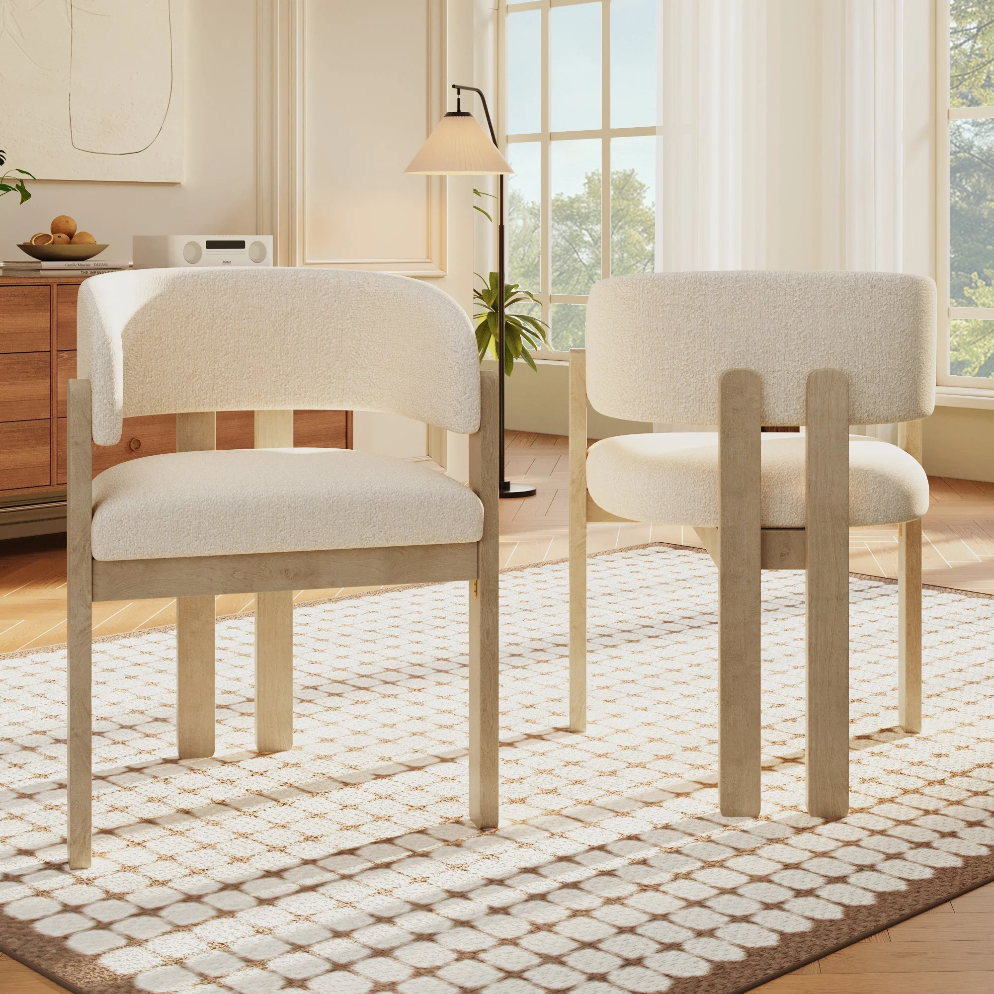 Solid Wood Dining Chairs, Set of 4 Modern Breathable Seats, Natural Bouclé - Image 3
