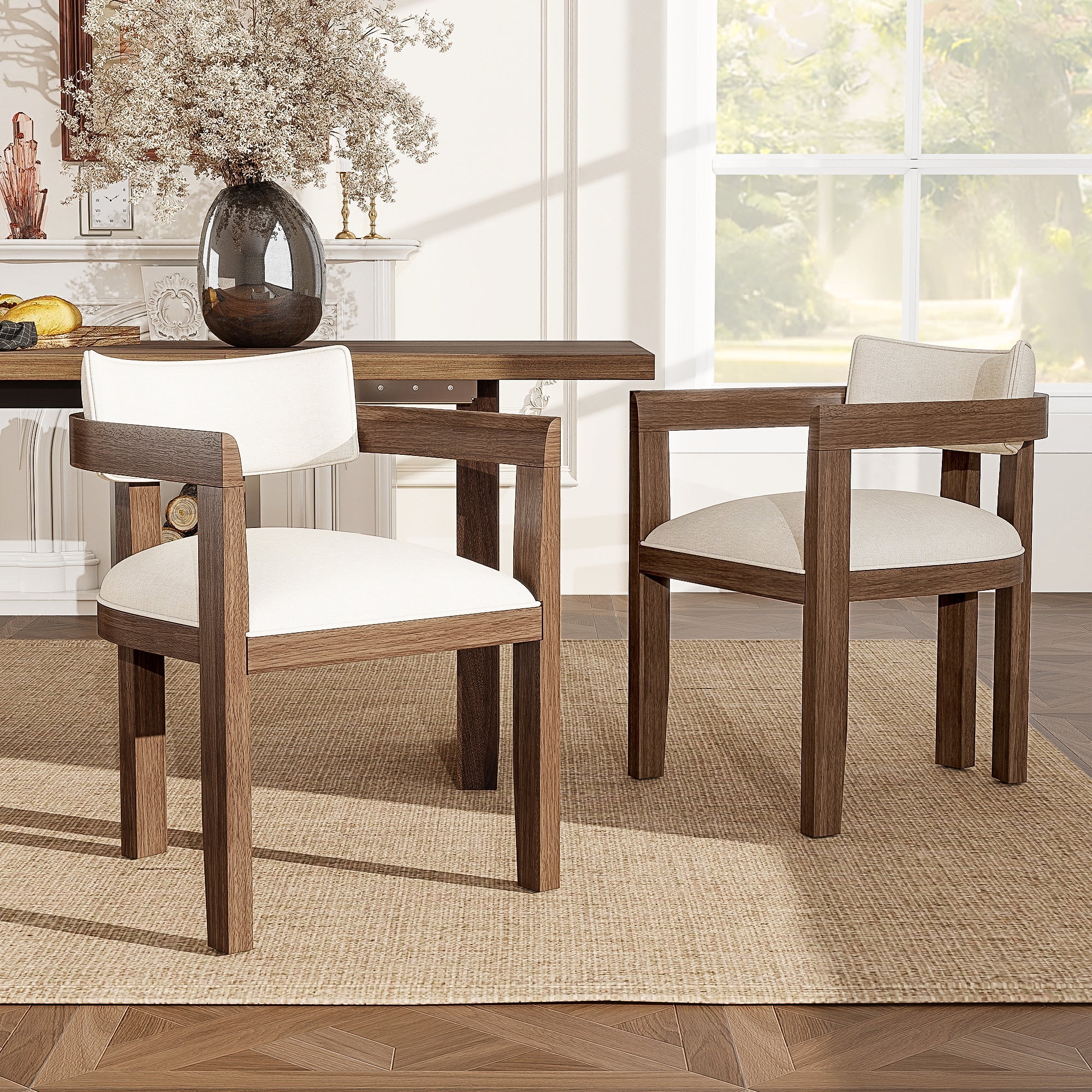 Solid Wood Dining Chairs Set of 6, Modern and Breathable Linen, Walnut Wood Color - Image 3