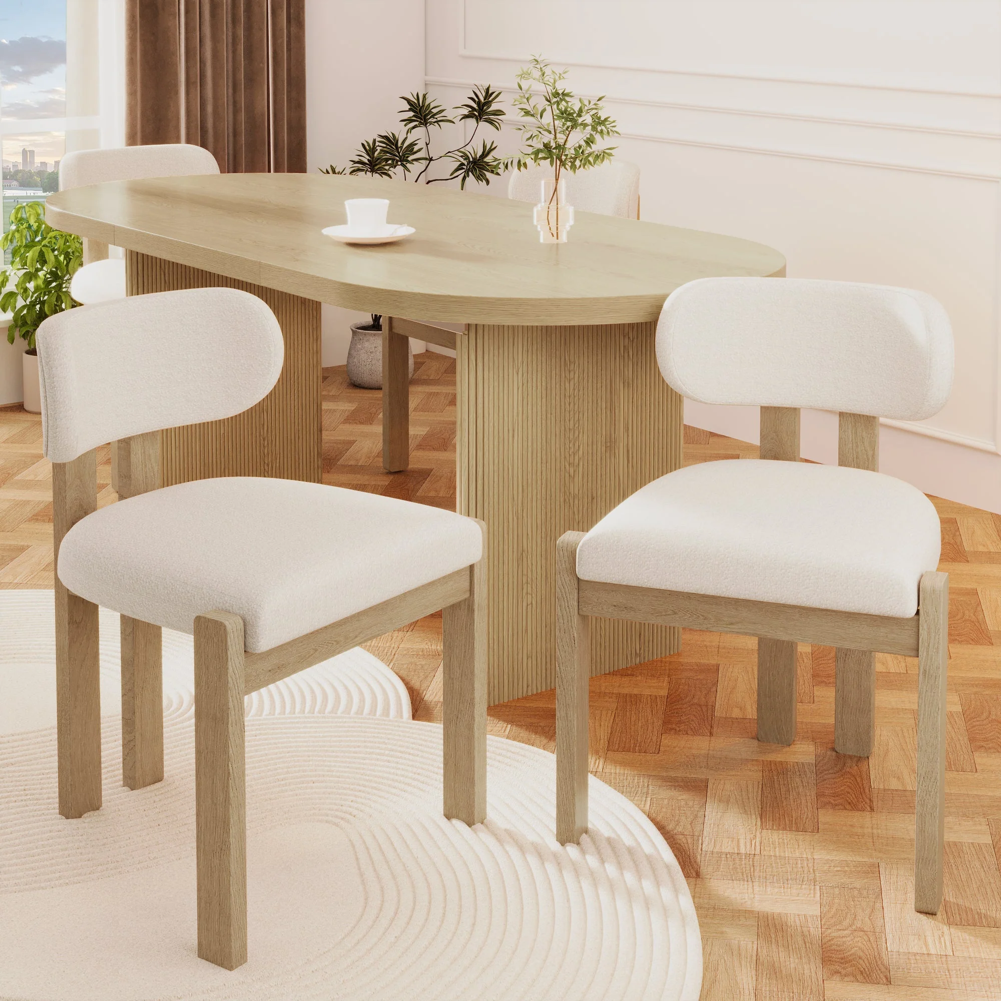 Solid Wood Dining Chairs Set of 6, Modern Bouclé Seating, Natural Color - Image 4