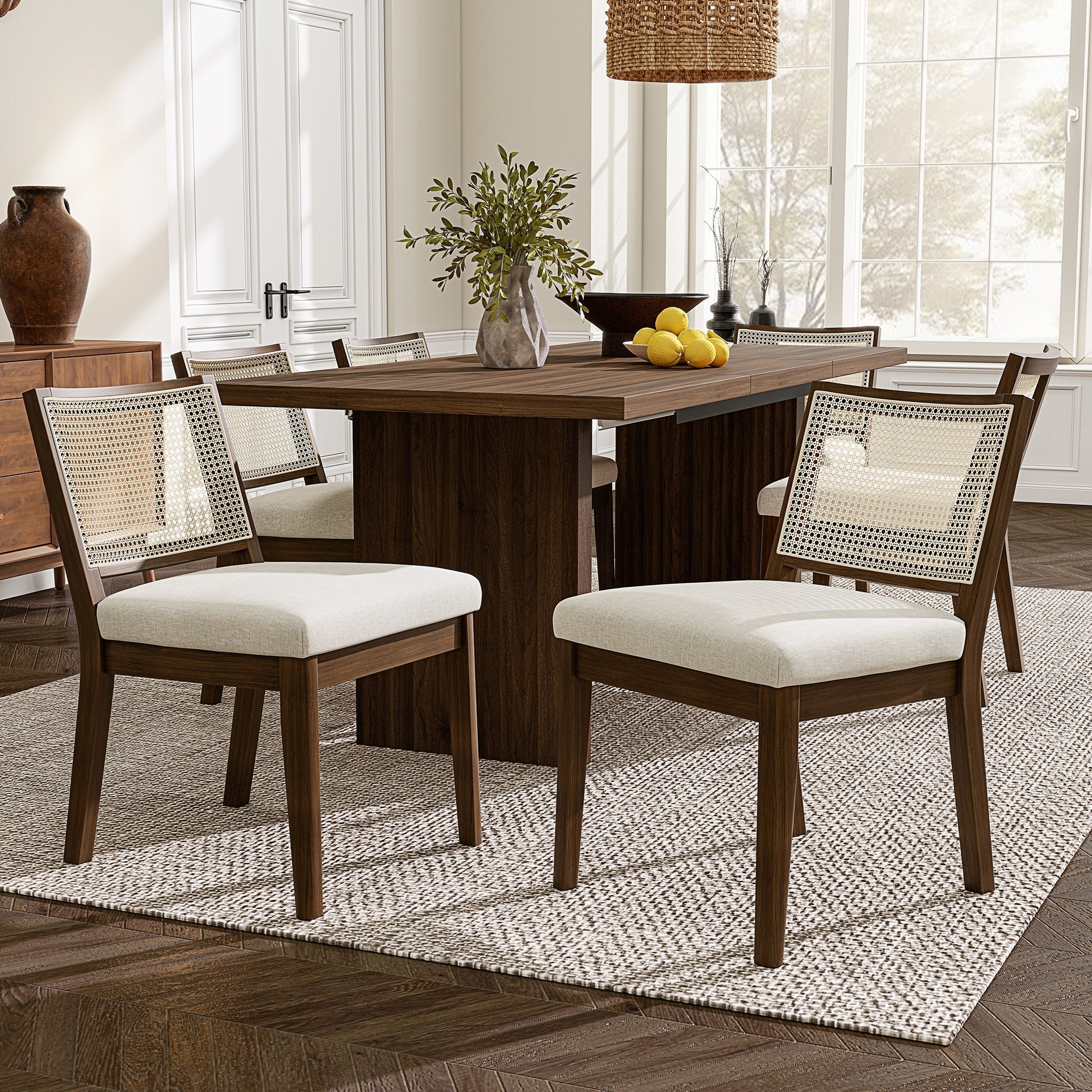 Solid Wood Dining Chairs with Rattan Backrests, Set of 2, Walnut and Linen - Image 6