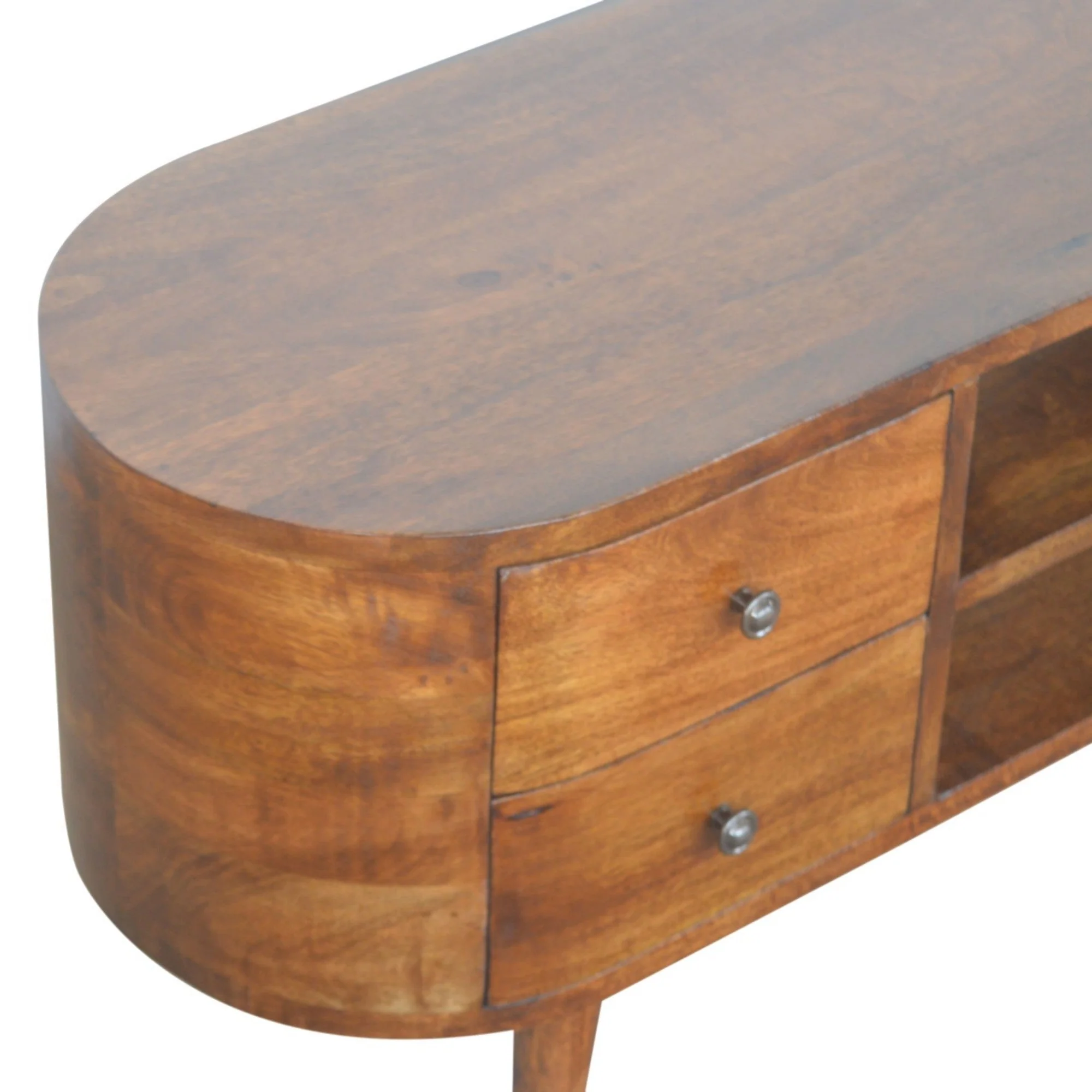 Solid Wood Entertainment Unit, Rounded 4 Drawers 2 Open Slots, Dark Brown Chestnut - Image 6