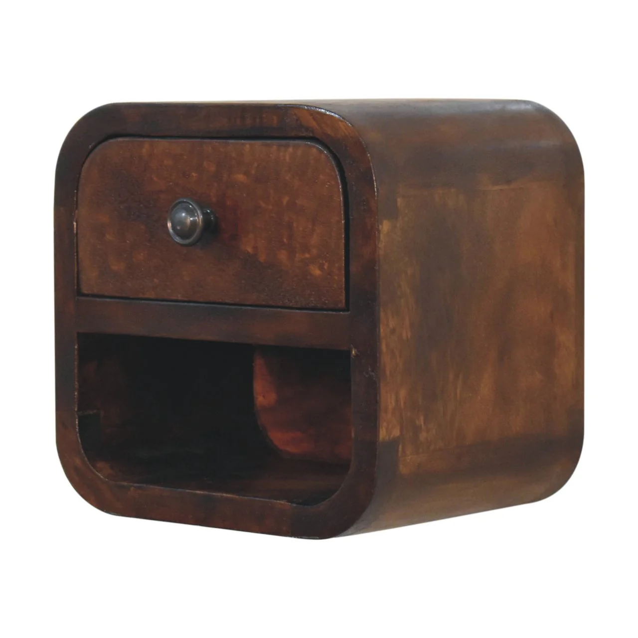 Solid Wood Extra Mini Curved Bedside, 1 Drawer and Open Shelf, Dark Brown - Image 2