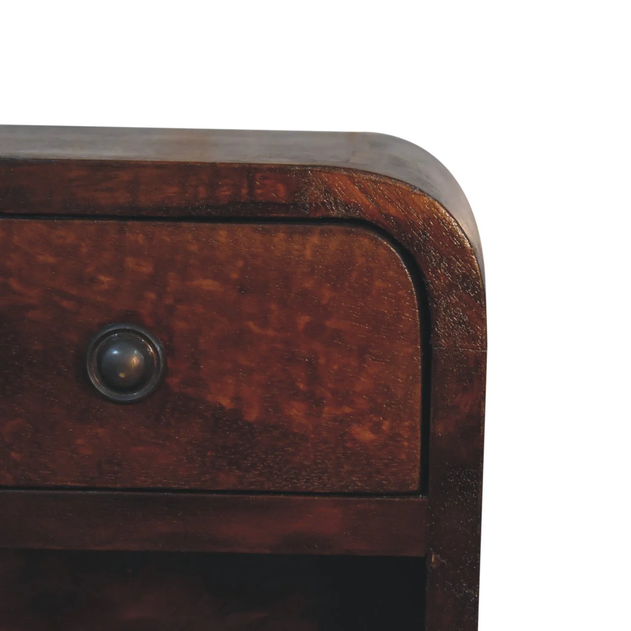 Solid Wood Extra Mini Curved Bedside, 1 Drawer and Open Shelf, Dark Brown - Image 4