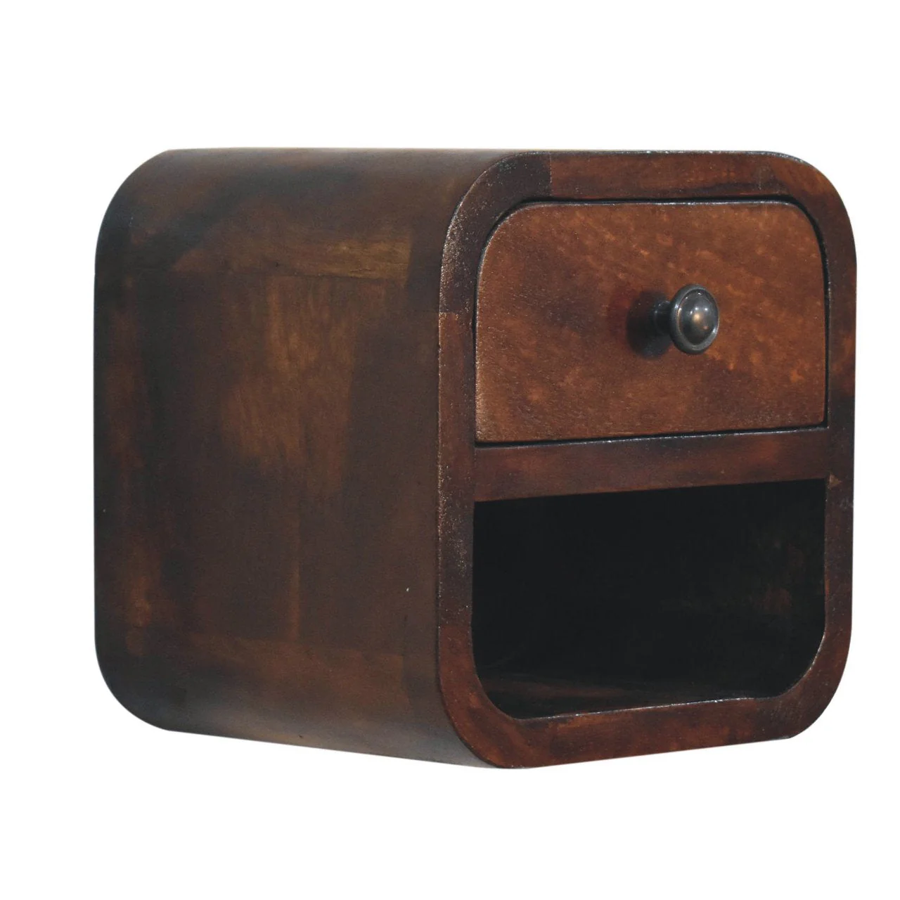 Solid Wood Extra Mini Curved Bedside, 1 Drawer and Open Shelf, Dark Brown - Image 5