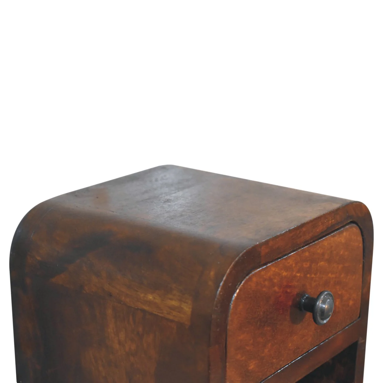 Solid Wood Extra Mini Curved Bedside, 1 Drawer and Open Shelf, Dark Brown - Image 7