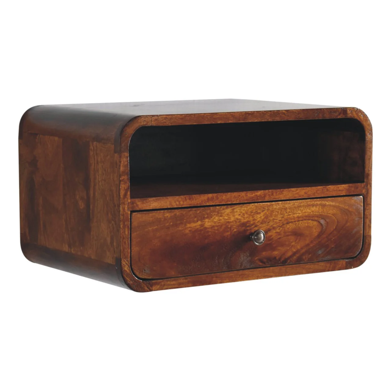 Solid Wood Floating Bedside, Large Curve 1 Drawer Open Slot, Dark Brown - Image 3