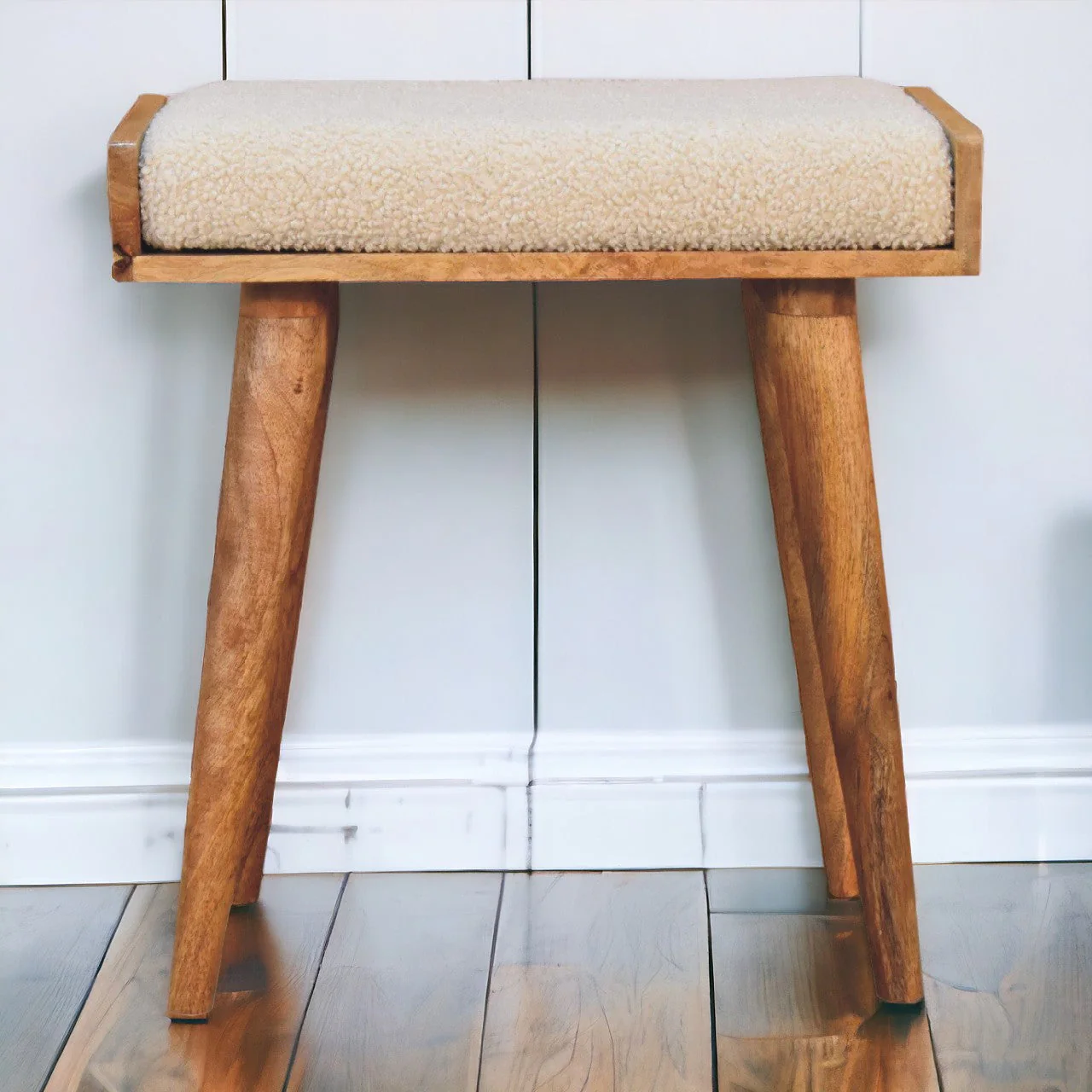 Solid Wood Footstool, Upholstered Tray Style Nordic Legs, Boucle Cream/Beige and Brown