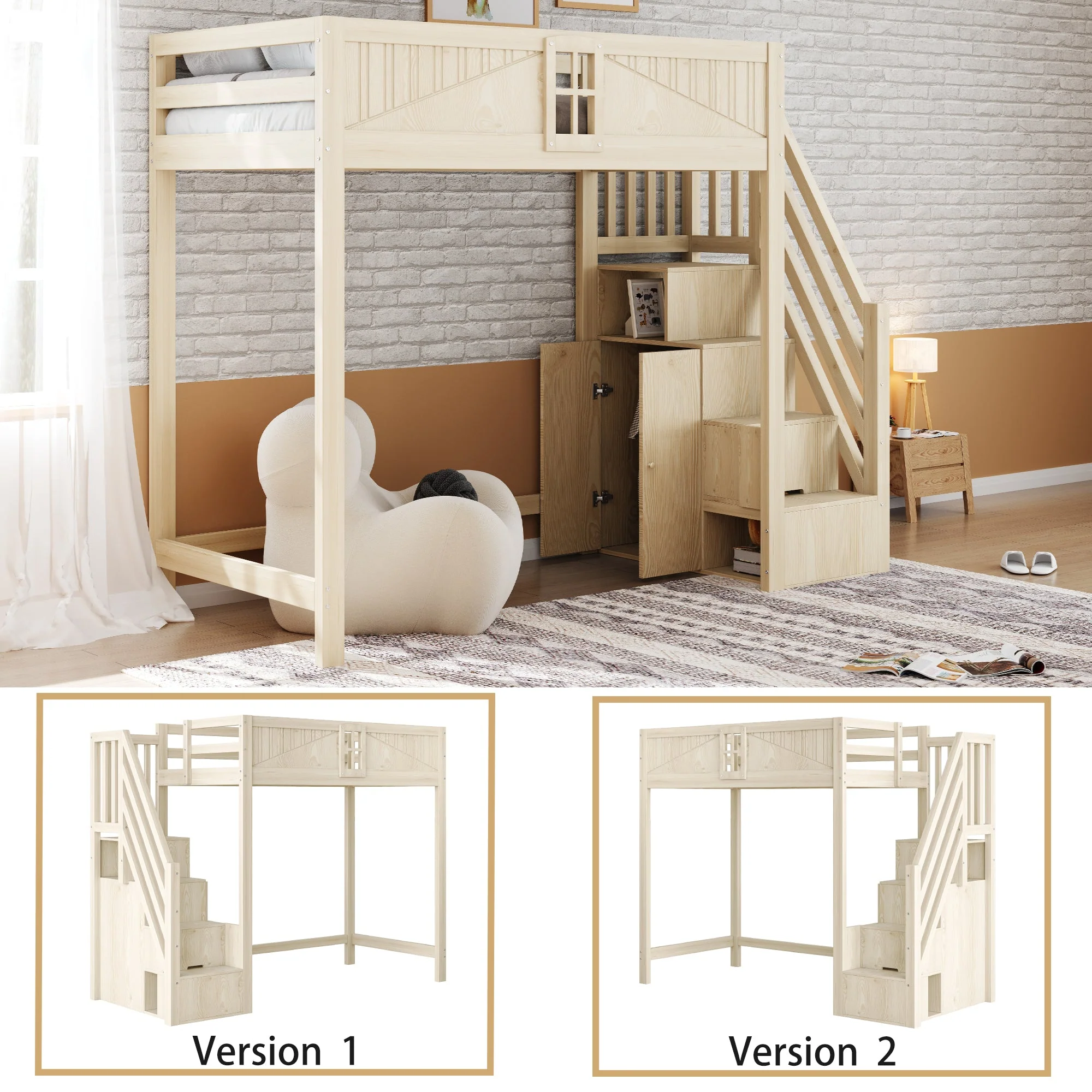 Solid Wood Loft Bed 90 x 200 cm with Safety Door and Storage Ladder, Wood Color - Image 5