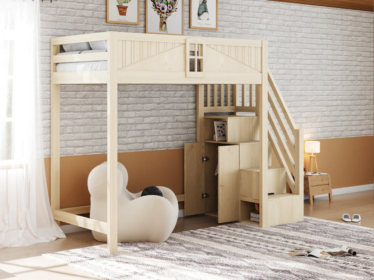 Solid Wood Loft Bed 90 x 200 cm with Safety Door and Storage Ladder, Wood Color - Image 7