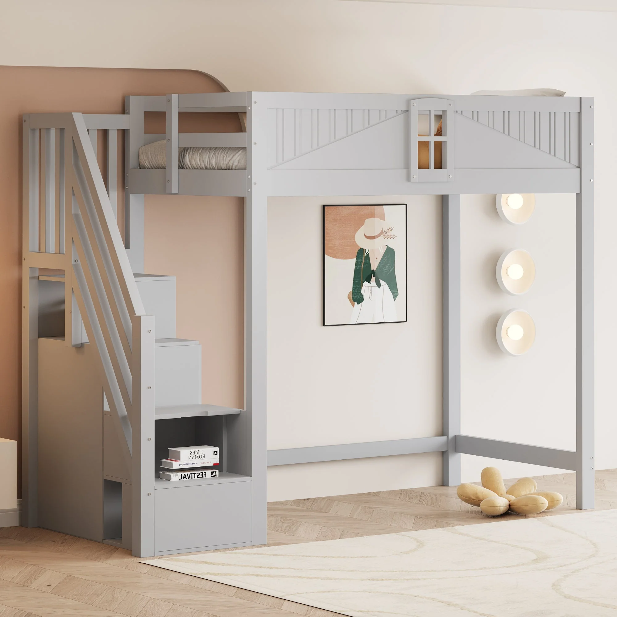 Solid Wood Loft Bed with Safety Door and Storage Ladder, 90 x 200 cm, Grey - Image 4