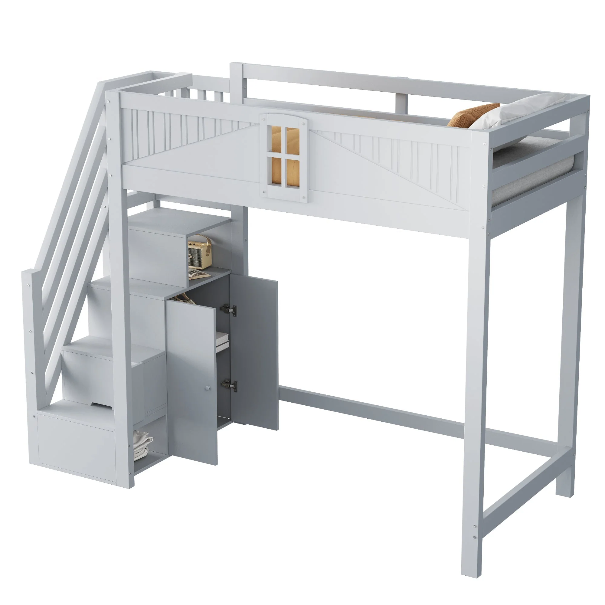 Solid Wood Loft Bed with Safety Door and Storage Ladder, 90 x 200 cm, Grey - Image 9
