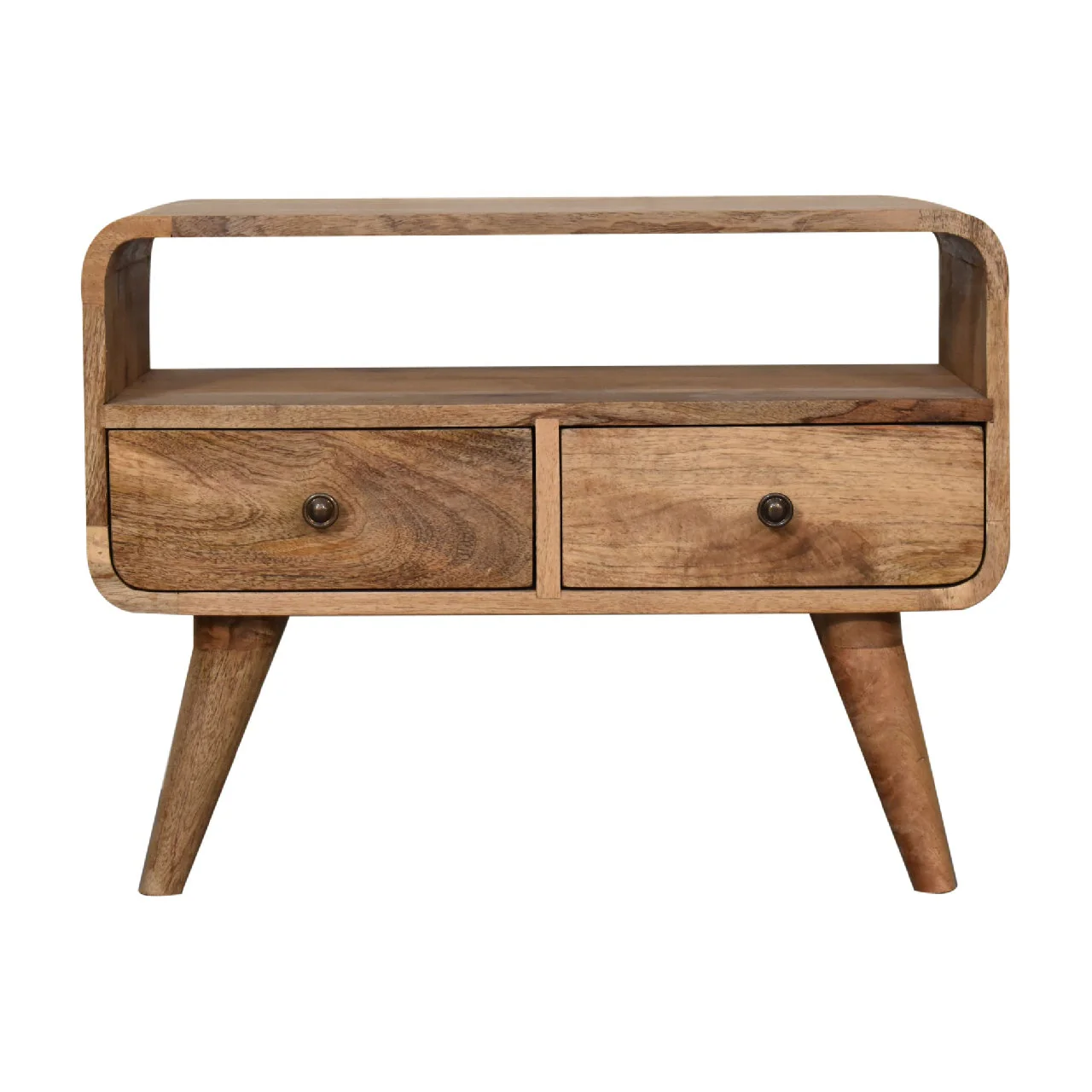 Solid Wood Media Unit, Mini Curved with 2 Drawers and Open Slot, Brown Oak-ish - Image 7