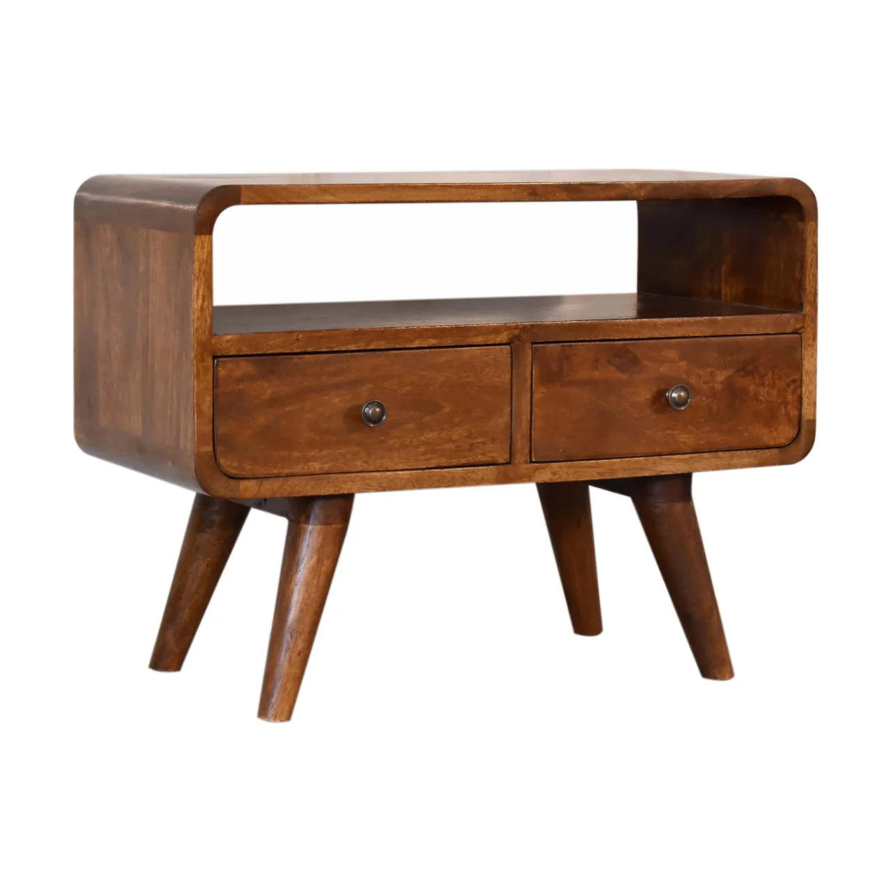 Solid Wood Mini Chestnut Curved Media Unit, 2 Drawers and Open Slot, Dark Brown - Image 2