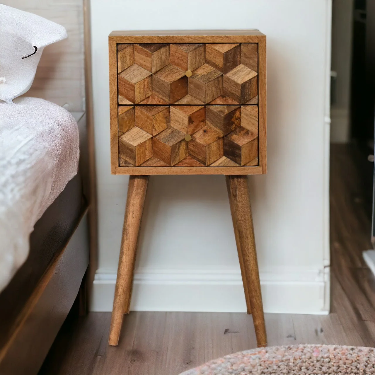 Solid Wood Mini Cube Carved 2 Drawer Bedside, Brown