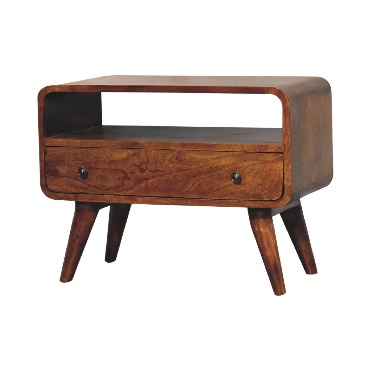 Solid Wood Mini Curved Media Unit, 1 Drawer, 1 Open Slot, Brown - Image 4