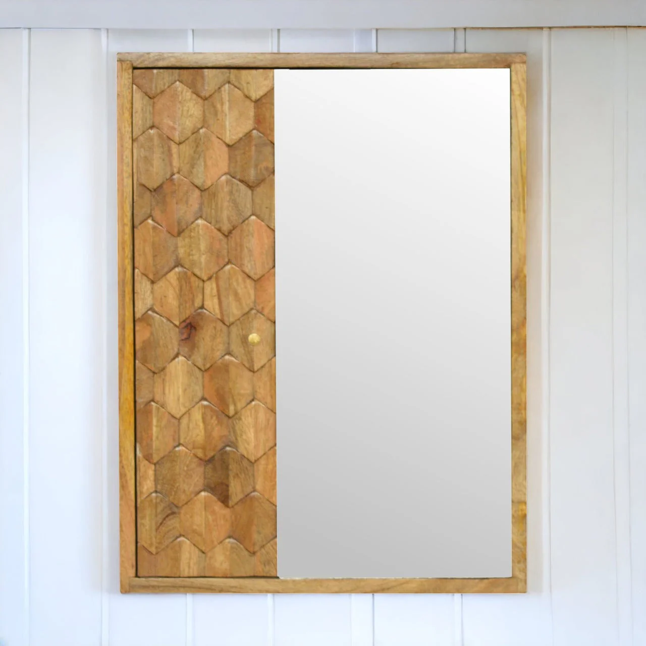 Solid Wood Pineapple Carved Mirror Cabinet, Brown - Image 2