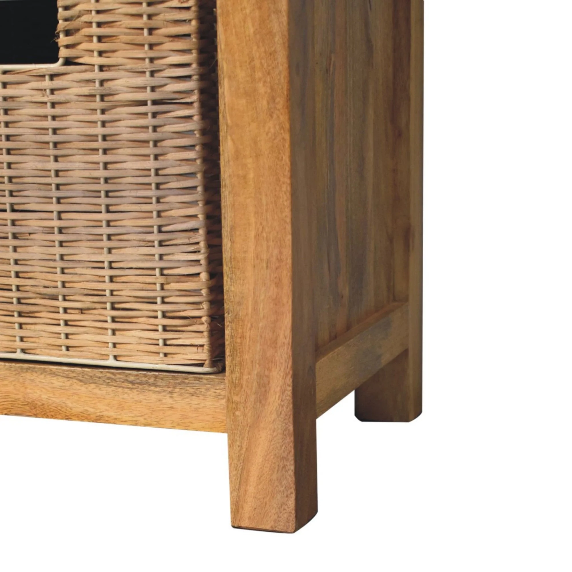 Solid Wood Rattan Basket Bench with 2 Pull-out Storage Baskets, Light Brown - Image 3