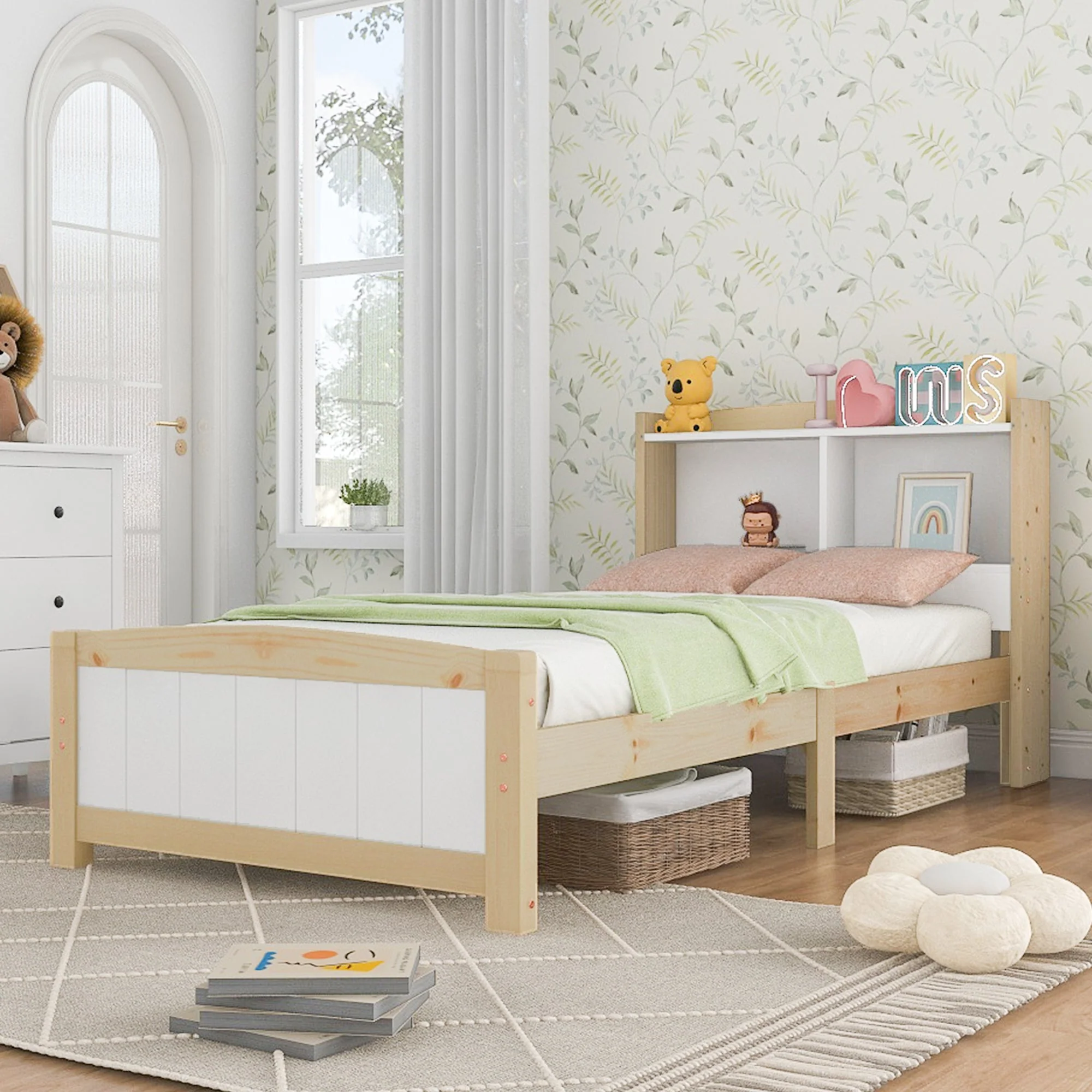 Solid Wood Single Bed with Storage Headboard, 90 x 200 cm, Pine, Natural and White - Image 11